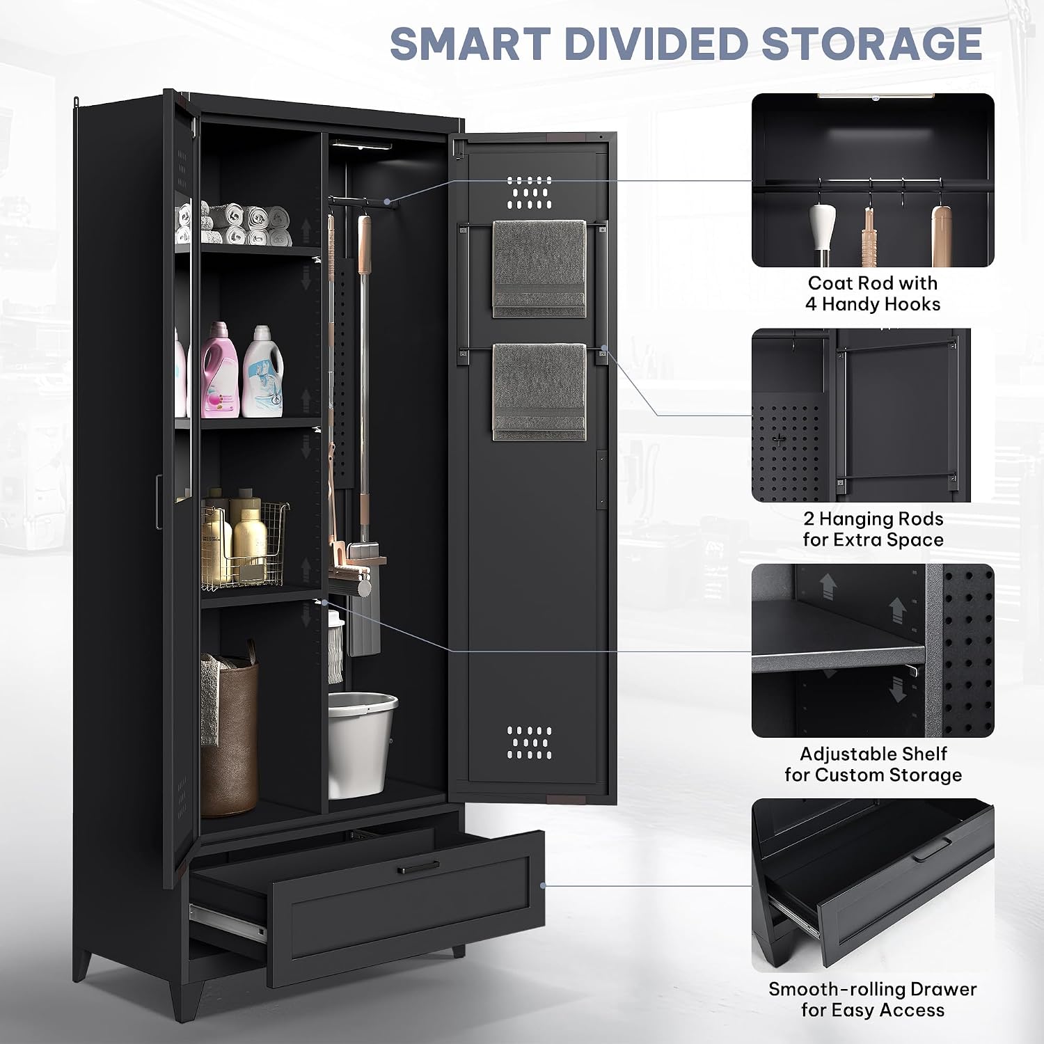 YITAHOME 71' Metal Garage Broom Cabinets with Adjustable Shelves, Vacuum Storage Cabinet with Doors and Drawer, Tool Storage Cabinet for Gym, Basement, Warehouse, Black