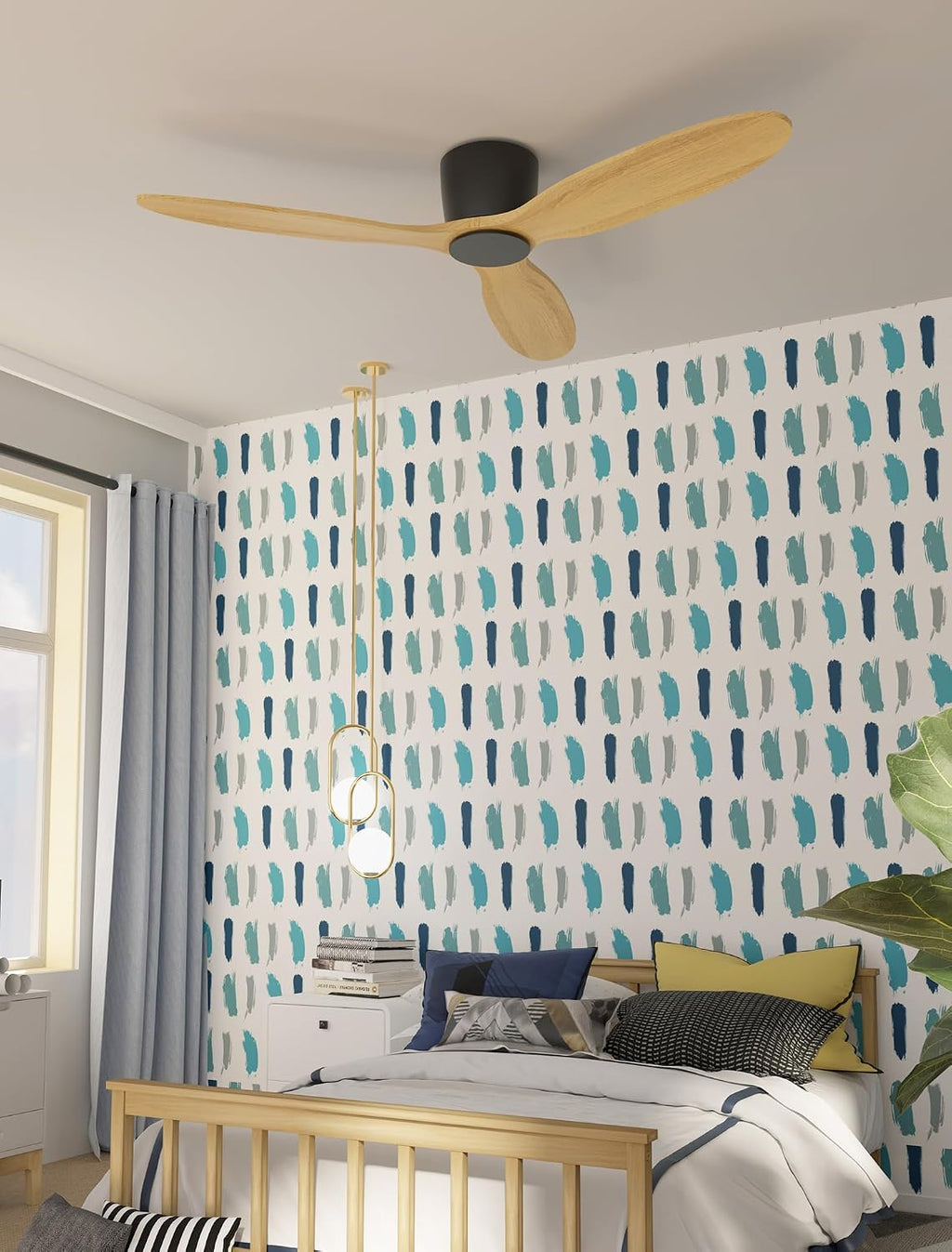 Ceiling Fan no Lights, 52 Inch Low Profile Ceiling Fans without light, Flush Mount Fan with Remote, Modern Natural Wood Ceiling Fan for Bedroom Indoor Outdoor, 6-Speed Reversible DC Motor, Timer