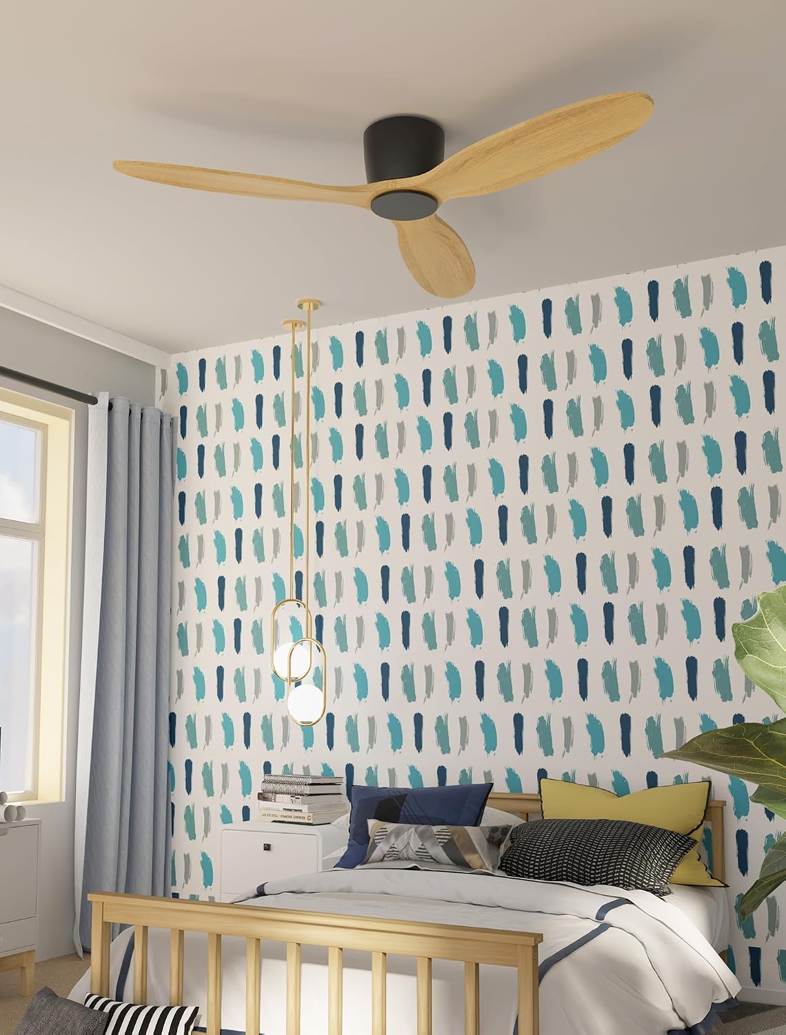 Ceiling Fan no Lights, 52 Inch Low Profile Ceiling Fans without light, Flush Mount Fan with Remote, Modern Natural Wood Ceiling Fan for Bedroom Indoor Outdoor, 6-Speed Reversible DC Motor, Timer