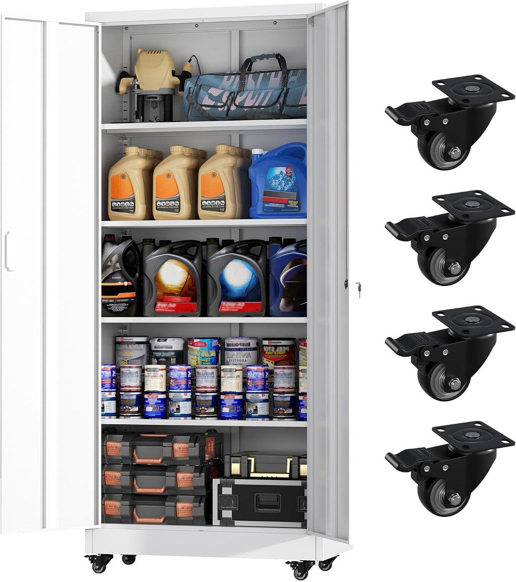 Greenvelly 73' Storage Cabinet with Wheels,Metal Rolling Garage Cabinet with Locking Doors and 4 Adjustable Shelves for Home,Kitchen,Office,Warehouse(32' W x 16' D, White)
