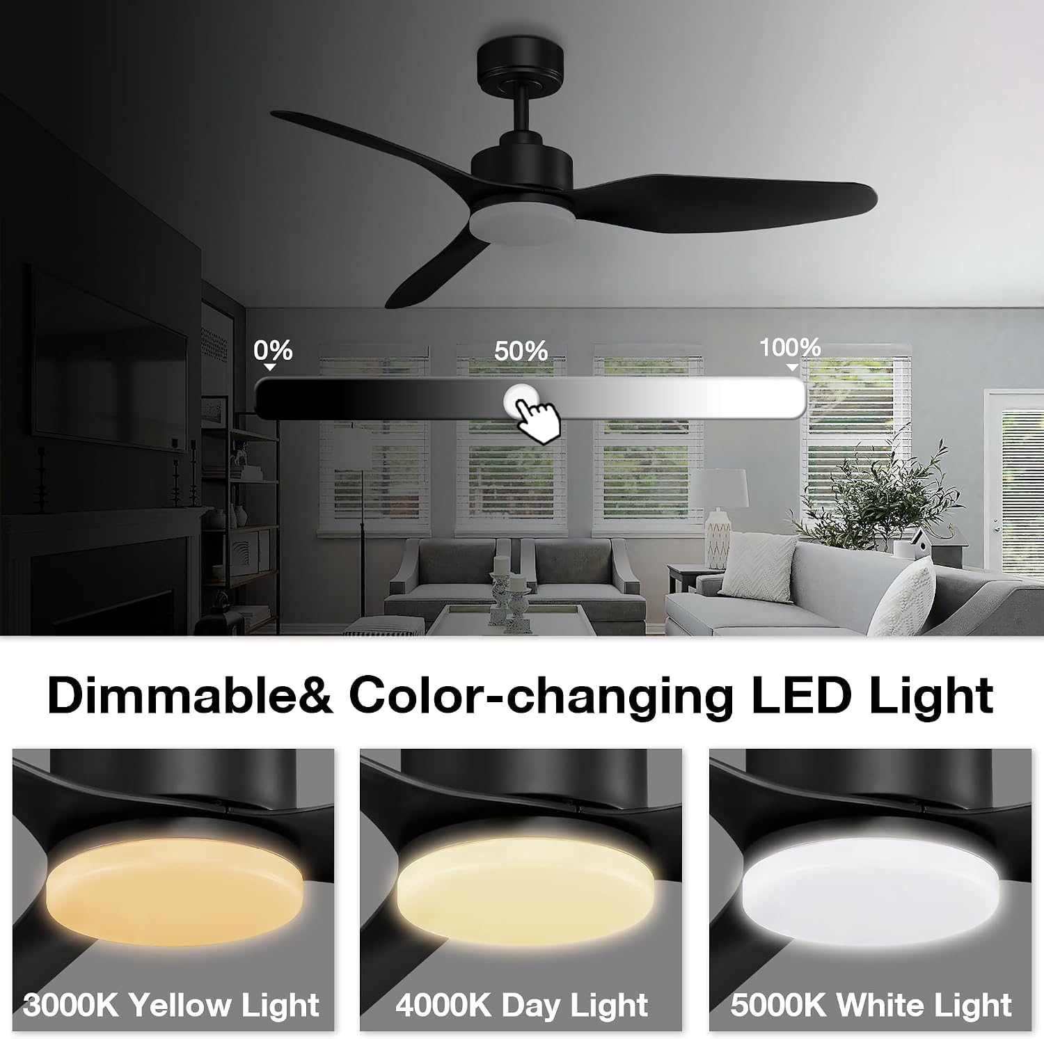 Hoenofly 48' Smart Ceiling Fans with LED Lights Remote,Quiet DC Motor,Dimmable,Outdoor Indoor Modern Ceiling Fan Controlled by WIFI Alexa App,3 Black Blades for Bedroom Living Room Patio Porch