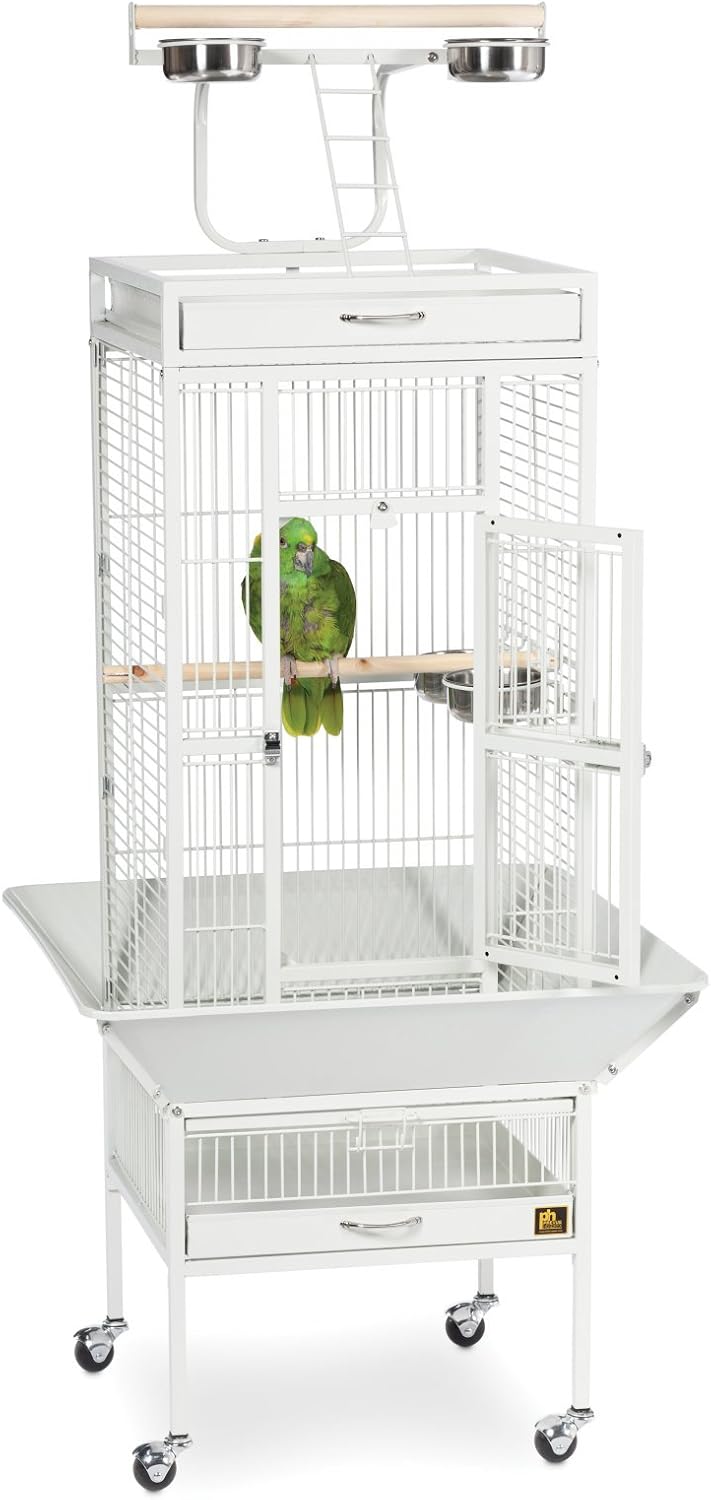 Prevue Pet Products Wrought Iron Select Bird Cage - Large Steel Cage with Rolling Stand, Seed Guards, and Playtop, Durable Design, Ideal for Conures and Medium Birds - Chalk White