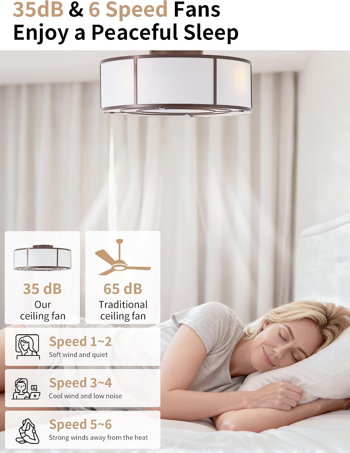 Caged Ceiling Fans with Lights Flush Mount, Low Profile Ceiling Fan with Lights Remote Control, 20'' Modern Bladeless 6 Speeds for Bedroom, Nursery, Kitchen, Brown