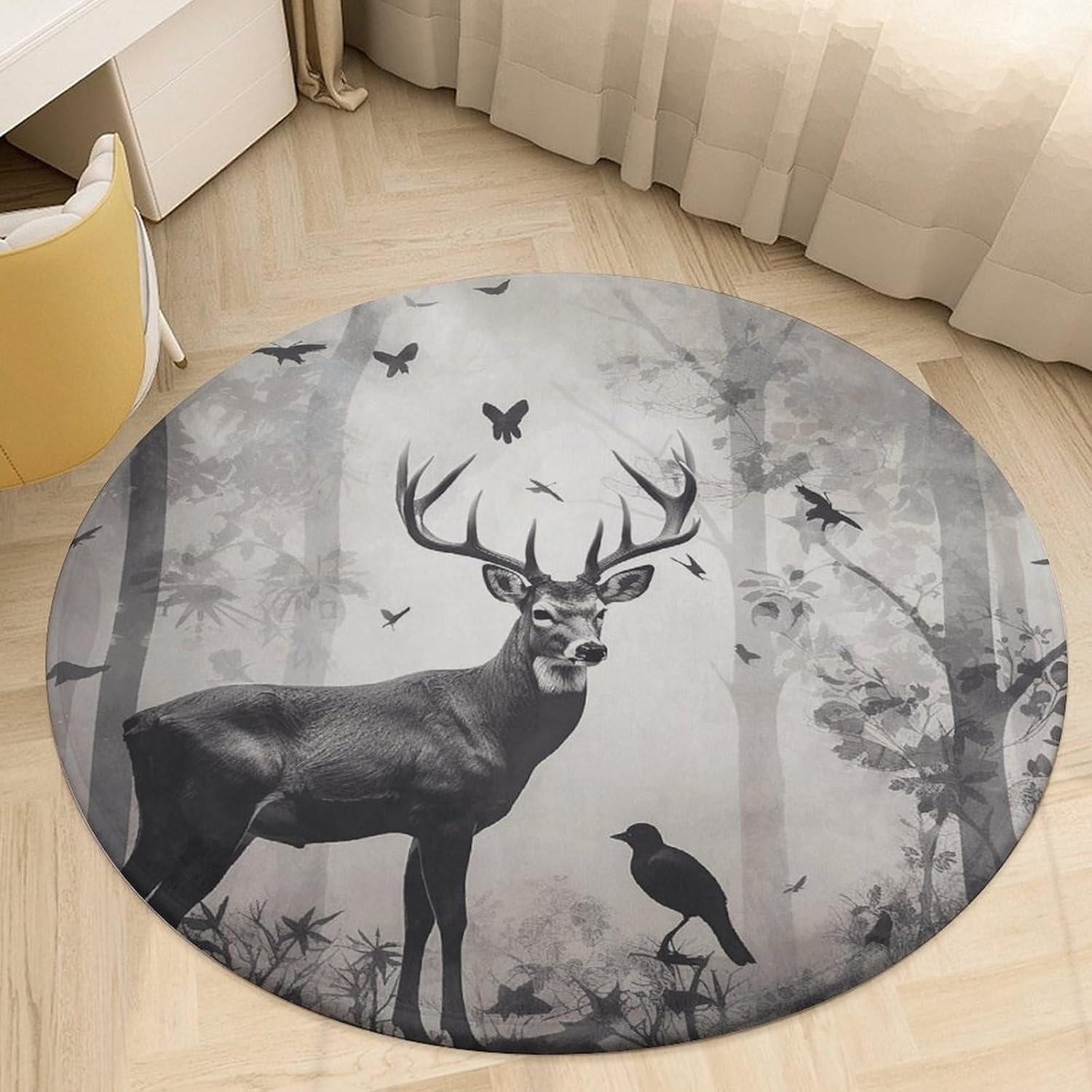 Hunting Silhouette of Deer Coral Velvet Round Floor Mat Non-Slip Bath Rug Floor Covering for Bathroom Vanity Guest Suite & Vacation Home