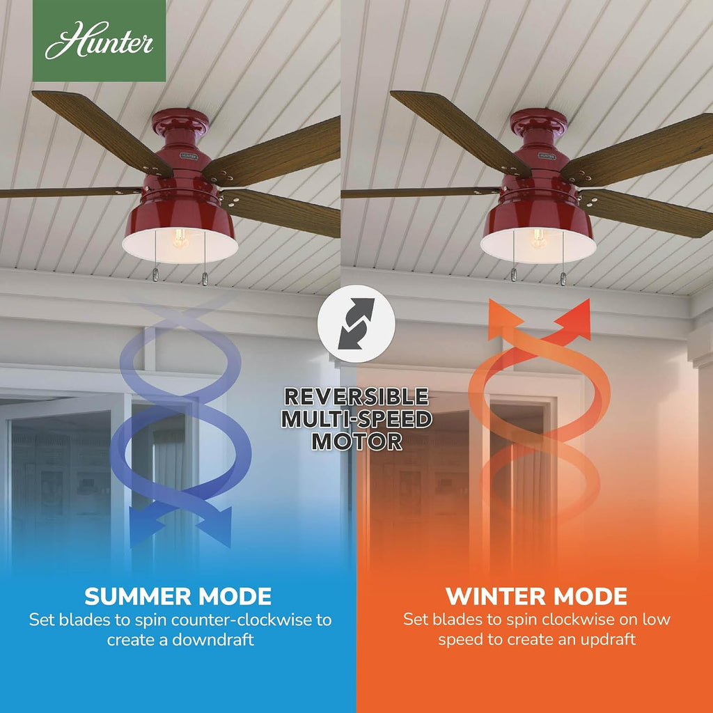 Hunter 52 inch Outdoor or Indoor Ceiling Fan with LED Light - Rustic Ceiling Fan with Pull Chain, For Bedroom, Living Room, or Patio, Low Profile Mount, No Remote - Mill Valley 59312, Barn Red