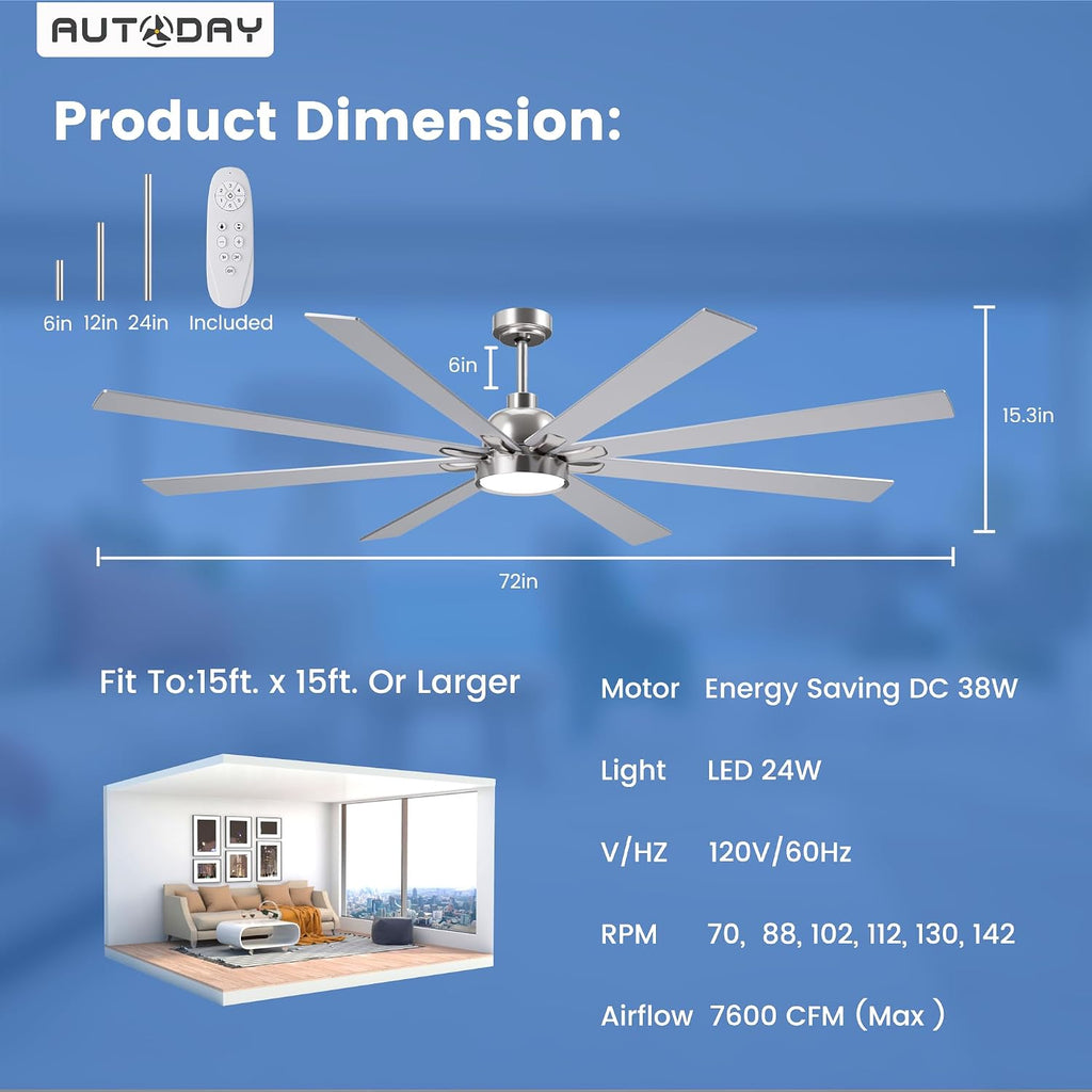 Large Ceiling Fans with Lights and Remote - 72 Inch Brushed Nickel Ceiling Fan with Light, Quiet DC Motor, 3 CCT, Modern Dimmable Lighting & Ceiling Fans for Living Room Patio,Indoor/Outdoor