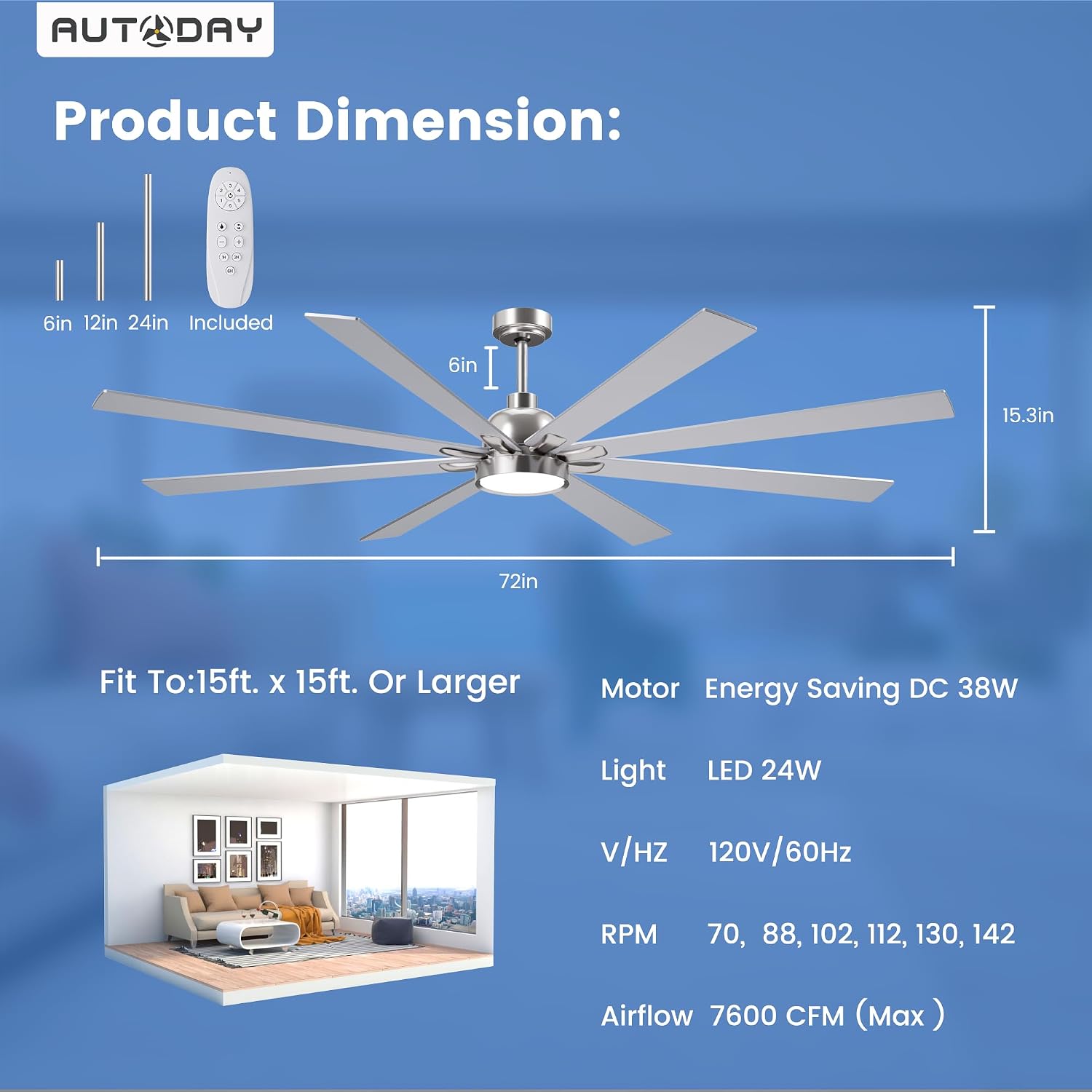 Large Ceiling Fans with Lights and Remote - 72 Inch Brushed Nickel Ceiling Fan with Light, Quiet DC Motor, 3 CCT, Modern Dimmable Lighting & Ceiling Fans for Living Room Patio,Indoor/Outdoor