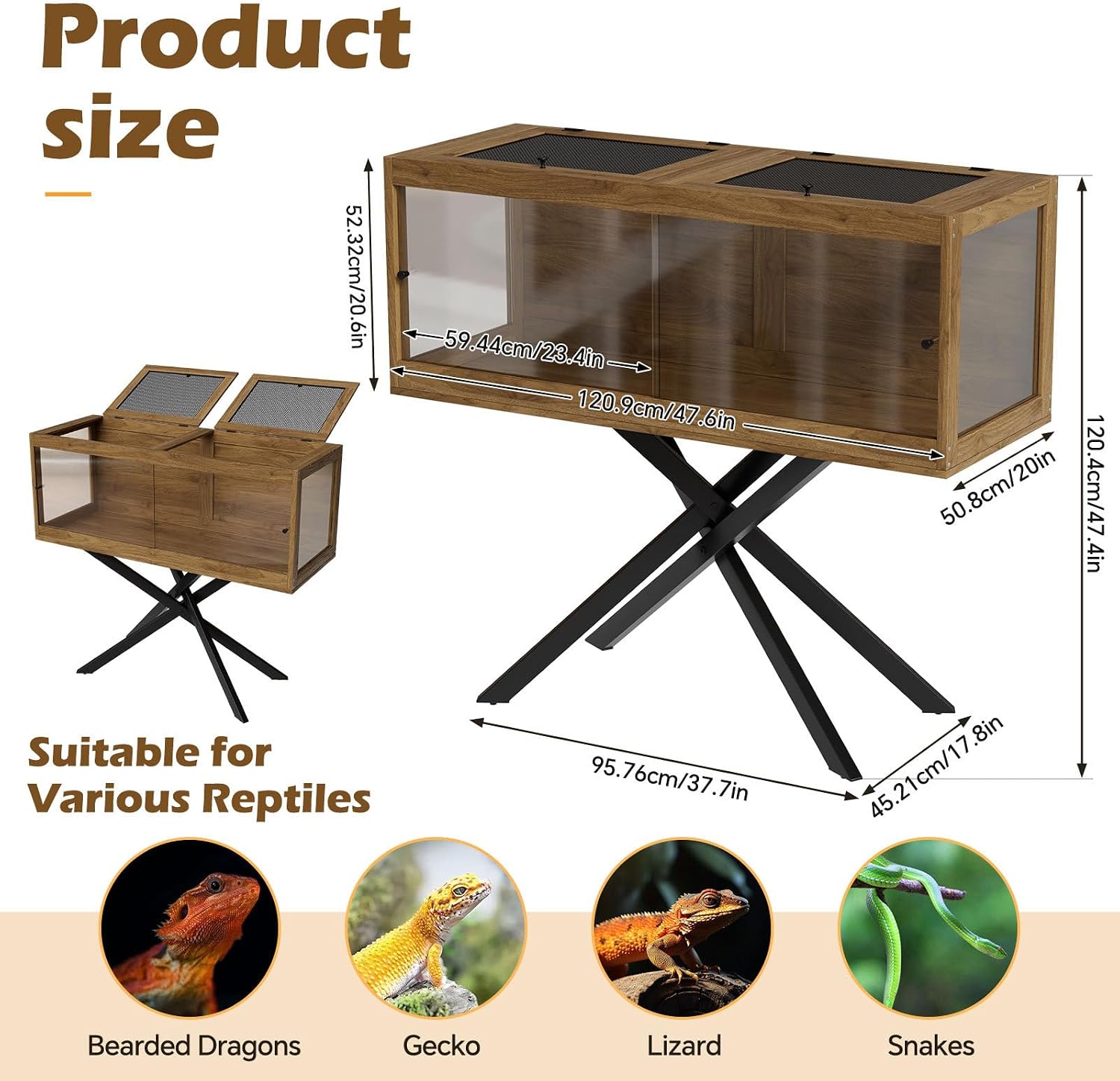 PAKASEPT 80 Gallons Bearded Dragon Tank with Leg Stand,Tempered Glass Reptile Enclosure with Metal Mesh Top,Snake/Lizard Tank for Chameleon,Tortoise,Hecko,Brown