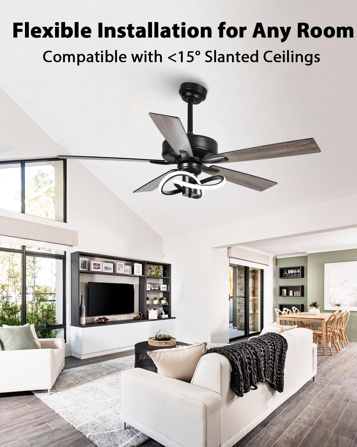 52 Inch Ceiling Fans with Lights and Remote - Creative Black Modern Ceiling Fan, 3CCT, 6 Speeds, Quiet, Dual-Sided Reversible 5 Blades Indoor Outdoor Chandelier Fan for Bedroom Living Room