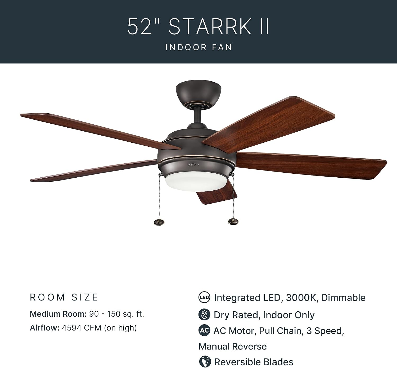 KICHLER 330174OZ Protruding Mount, 5 WALNUT/CHERRY Blades Ceiling fan with 53 watts light, Old Bronze