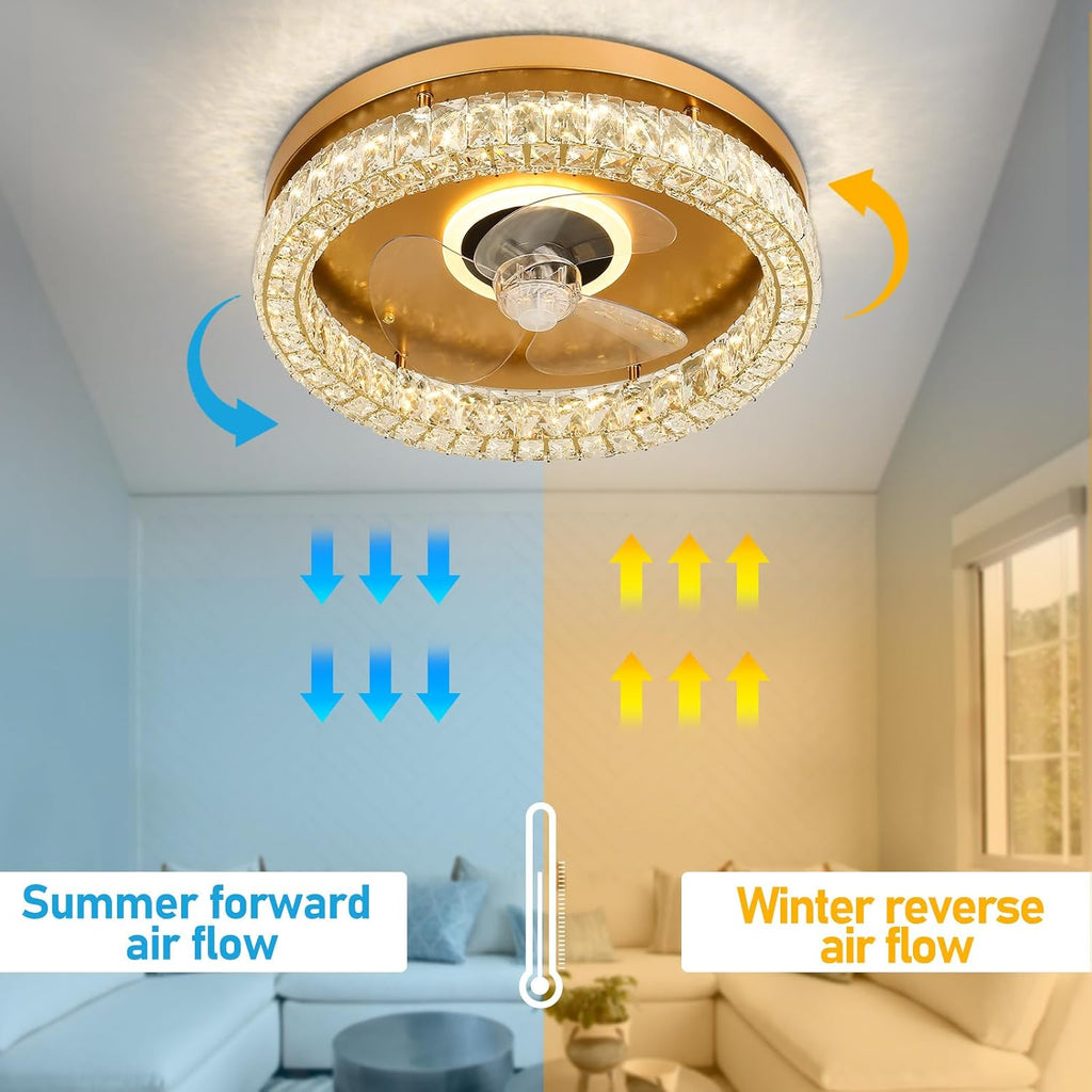 CLAIRDAI Crystal Ceiling Fans with Lights Flush Mount Ceiling Fan with Remotel Control Dimmable LED Low Profile Ceiling Fan 6 Speeds Reversible Blades Timing with Remote Control Gold