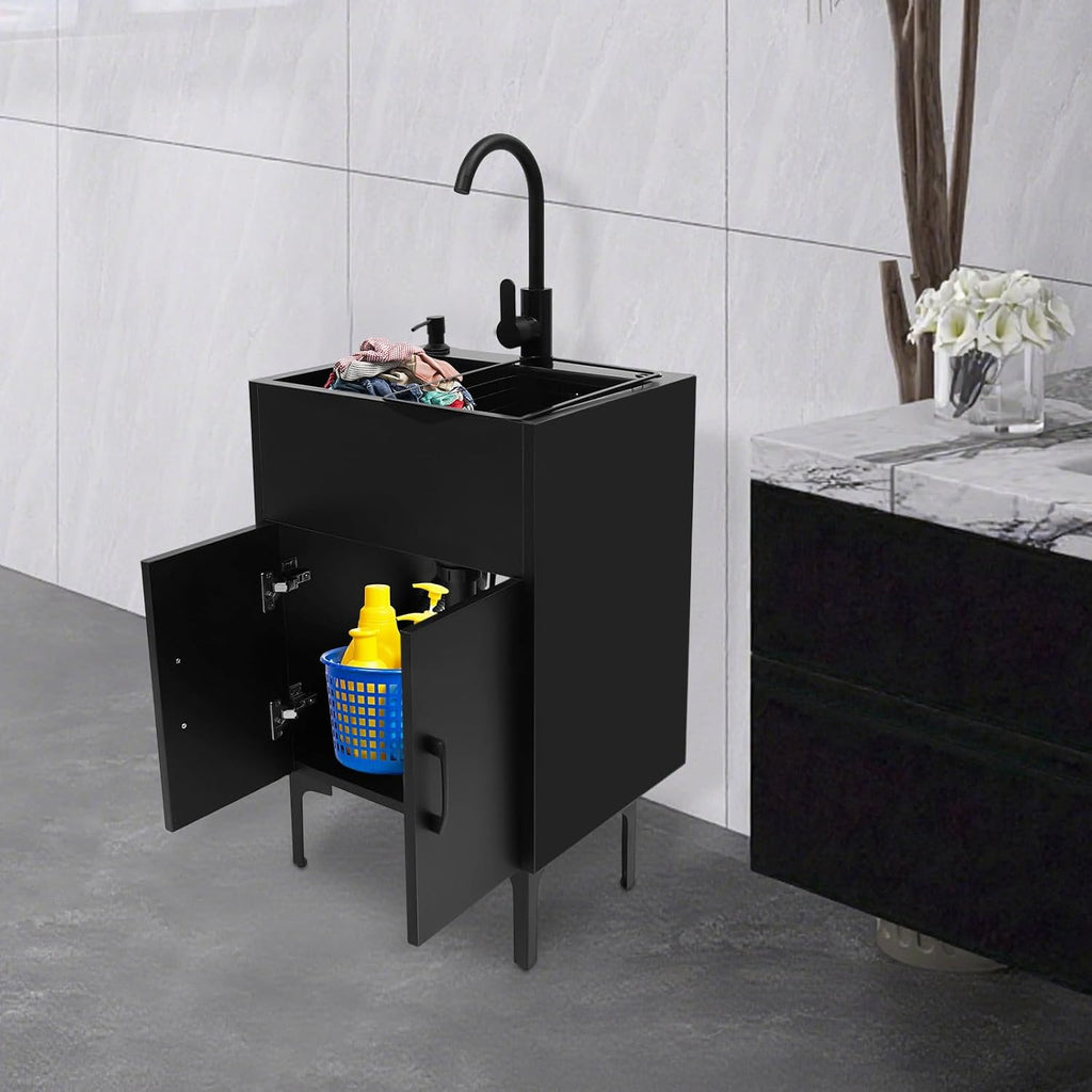 20-Inch Laundry Sink with Cabinet and Hot & Cold Faucet, Stainless Steel Utility Sink with Cabinet, Black Cabinet with Single Bowl Sink for Laundry & Utility Room, Kitchen, Bathroom, Basement