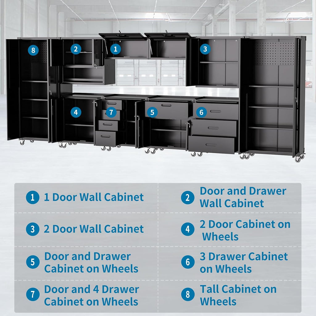 Garage Storage Cabinets System 10PCS Workshop Set with Drawers Locking Heavy Duty Rolling Cart with Adjustable Shelves Garage Tool Workbench Cabinets, Black
