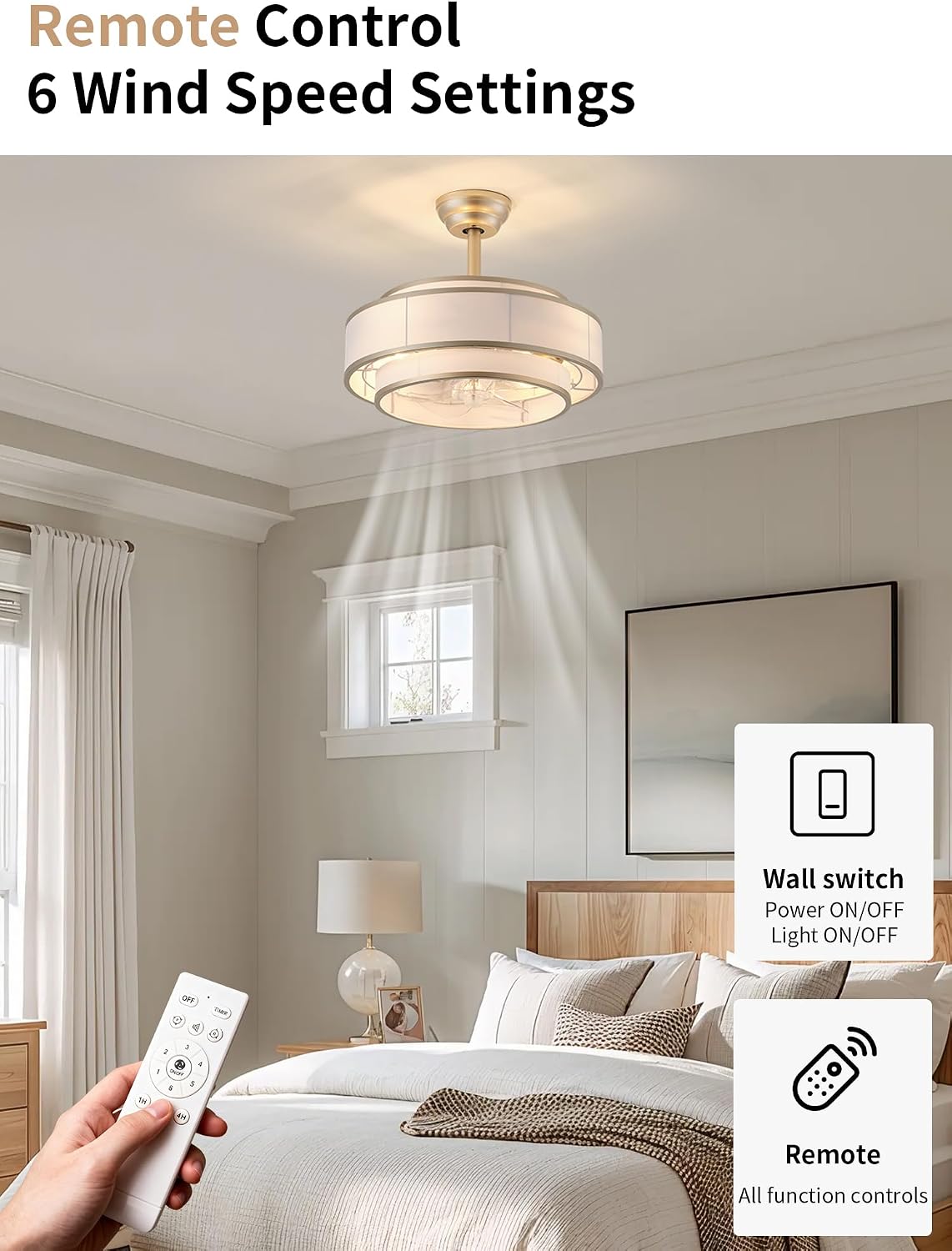 20' Caged Ceiling Fans with Lights and Remote, Fandelier Ceiling Fan with Light, Modern Bladeless Quiet Reversible Motor 6 Speeds for Bedroom, Nursery, Living Room, Gold