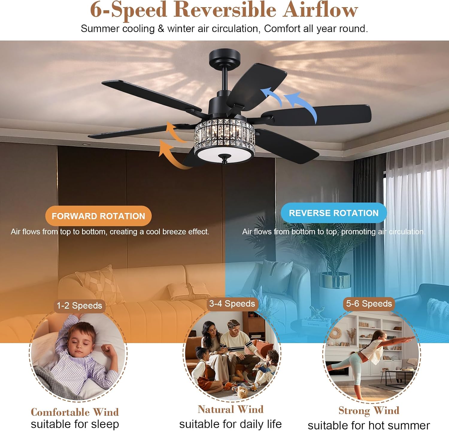 Kviflon 52 Inch Crystal Ceiling Fan with Lights and Remote/APP Control, Black Fandelier Ceiling Fan with Light, Modern Chandelier Ceiling Fan for Bedroom Living Room, Quiet DC Motor, Dimmable LED
