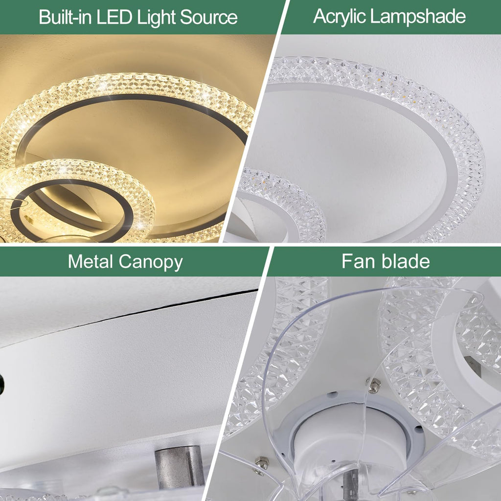 Yfrest Ceiling Fan with Light and Remote, White Low Profile Ceiling Fans with Lights, Flush Mount Ceiling Fan with 3 Light Color 6 Speeds, 35Inch Fandelier Ceiling Fan for Kitchen Living Room 6-Ring