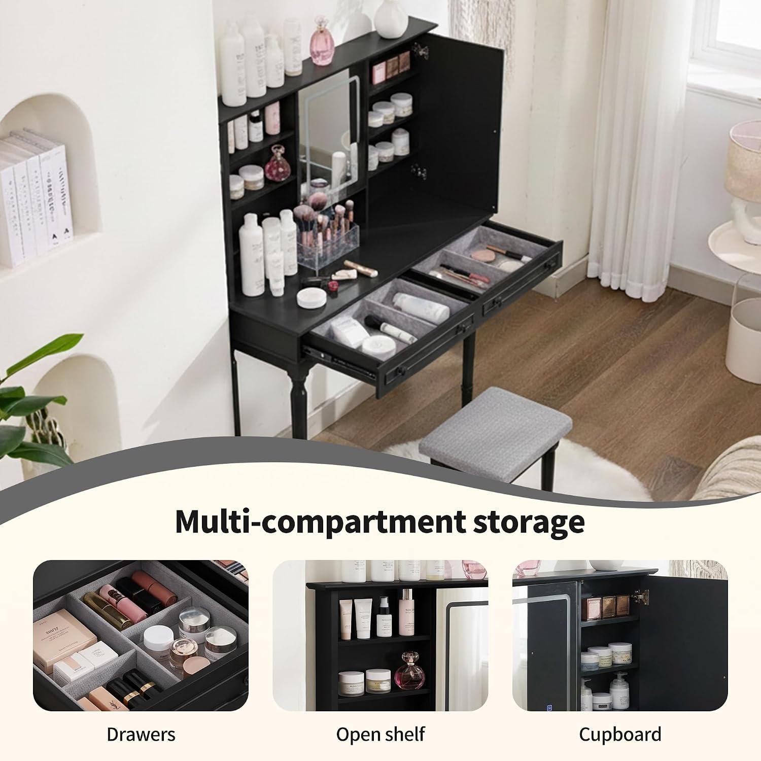 Scurrty Vintage Vanity Table Set with Stool, Color-Changing LED Mirror & Storage Organizer, Classic Wooden Dressing Makeup Desk for Bedroom (Black)