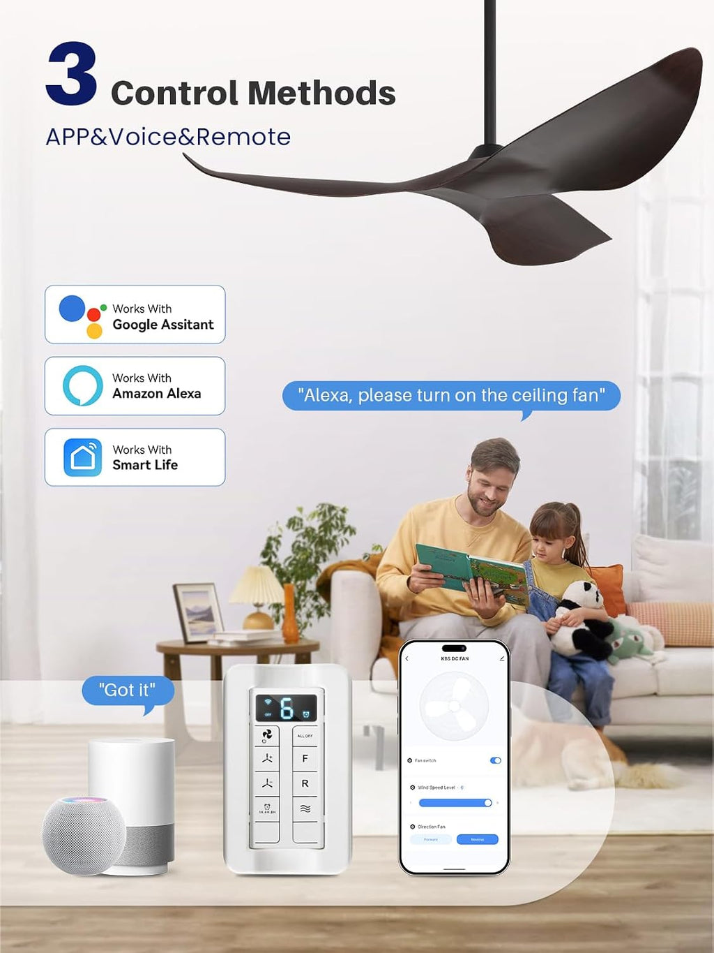 Sofucor 38 Inch Smart Ceiling Fan No Light, Modern Ceiling Fan with Remote Control, Quiet Reversible DC Motor, 6-Speed Noiseless Indoor Ceiling Fan for Bedroom Living Room Covered Patio Porch