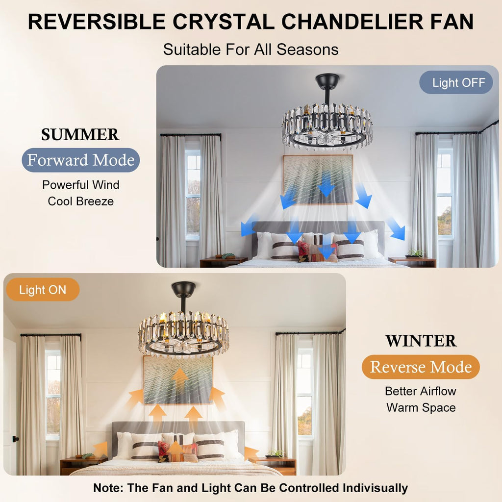 CLAIRDAI Black Crystal Caged Ceiling Fan with Light, 20.7'' Fandelier, 6 x E12 Bulbs Required, Remote Control, 6-Speed Reversible Ceiling Fan, Flush Mount for Bedroom Living Room Dining Room