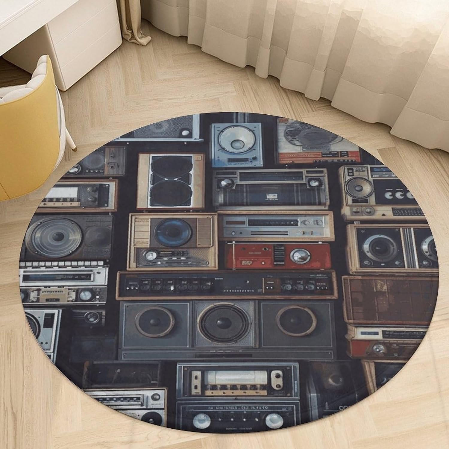 Vintage Wall of Radio Boombox Coral Velvet Round Floor Mat Non-Slip Bath Rug Floor Covering for Bathroom Vanity Guest Suite & Vacation Home