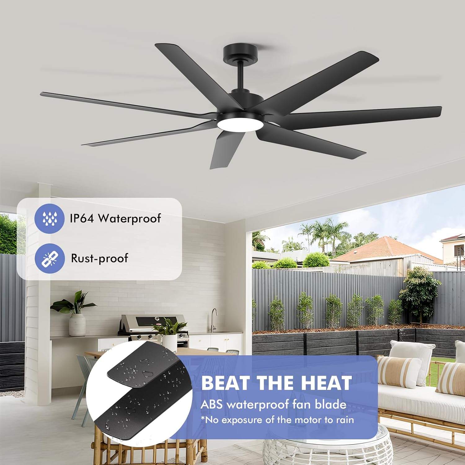 65 Inch All-Weather Outdoor Ceiling Fan with Light and Remote wet-rated, High CFM, Smart Alexa/App Control Energy Efficient & Quiet DC Motor, 7 Large Black Waterproof Blade for Patio, Porch, Garage
