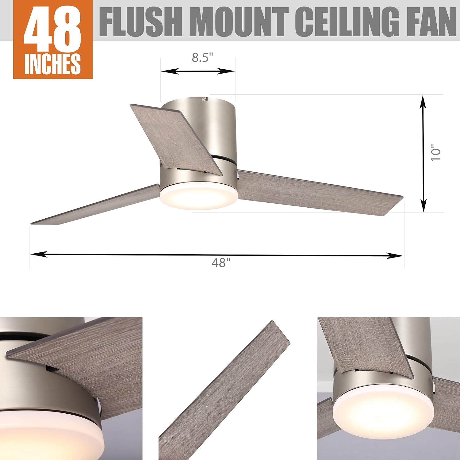 Low Profile Ceiling Fans with Lights and Remote, 48 Inch Bedroom Ceiling Fans Flush Mount, Indoor/Outdoor Fans for Patios, Reversible 3 Blades, Noiseless, Color Temp Adjusted, DOE ETL Tested (Nickel)