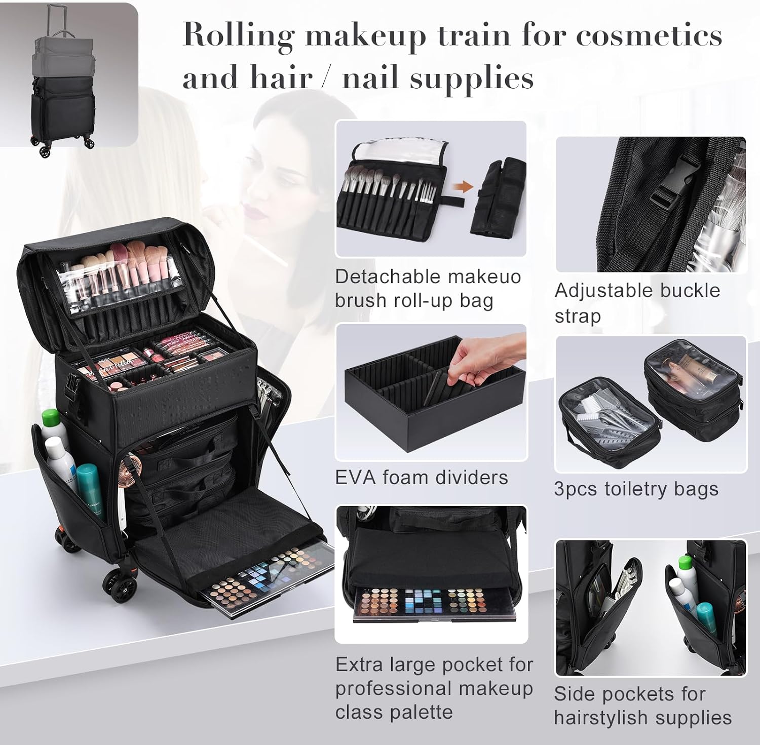 Stagiant Professional Rolling Makeup Case, Soft Sided Make up Train Case, Travel Organizer Portable with Wheel for Makeup Artist Cosmetology Nail Technician Hair Stylist Supplies, 2 In 1 Nylon Black