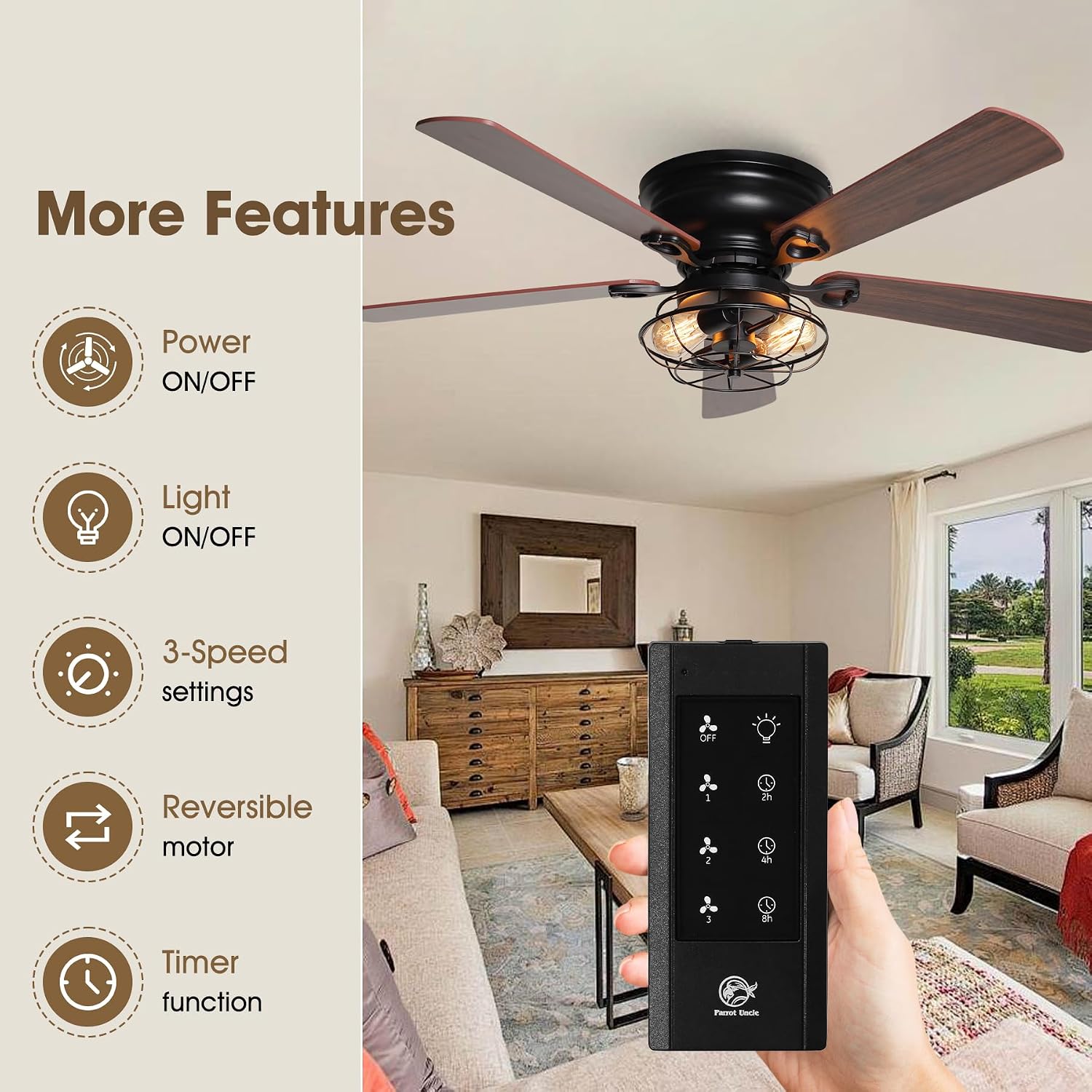 48' Farmhouse Low Profile Ceiling Fan with Light & Remote, Outdoor Flush Mount Ceiling Fans for Bedroom Living Room, 5-Blades 3-Speed Quiet Reversible Motor, Timer Function
