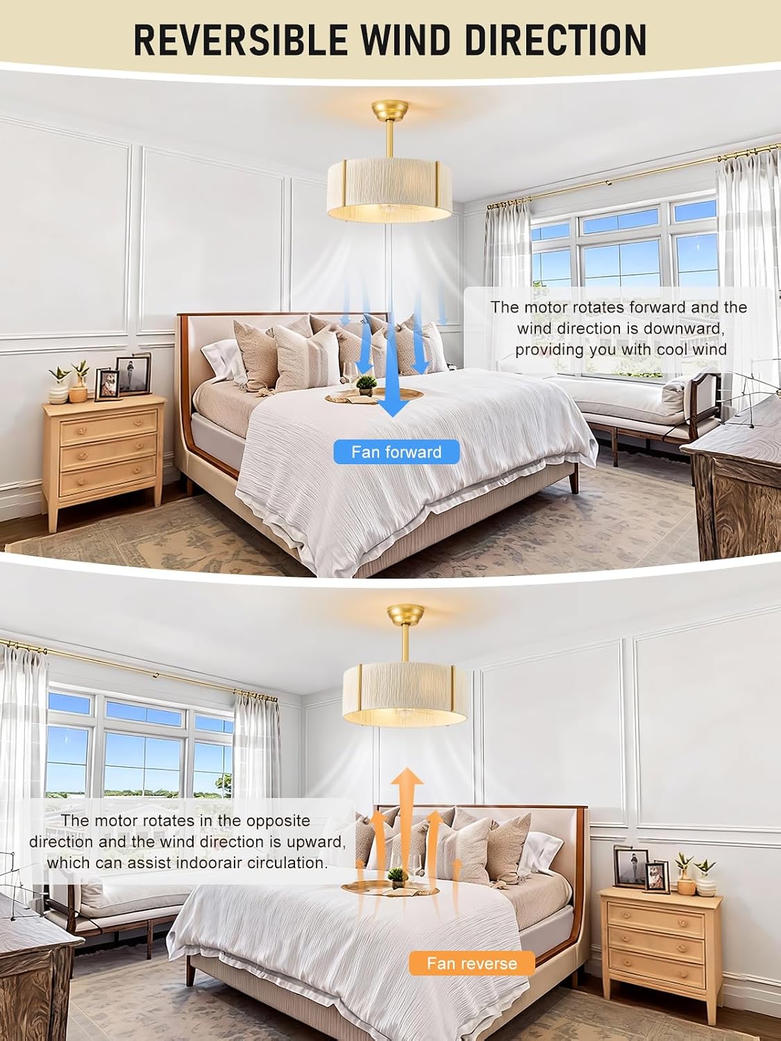 Boho Fandelier Ceiling Fan with Light, Rattan Caged Ceiling Fan with Light and Remote Control, Gold Chandelier Fan for Bedroom, Living Room,Kitchen,Foyer(20 Inch, 6 Speed, Timing,Adjustable Height)