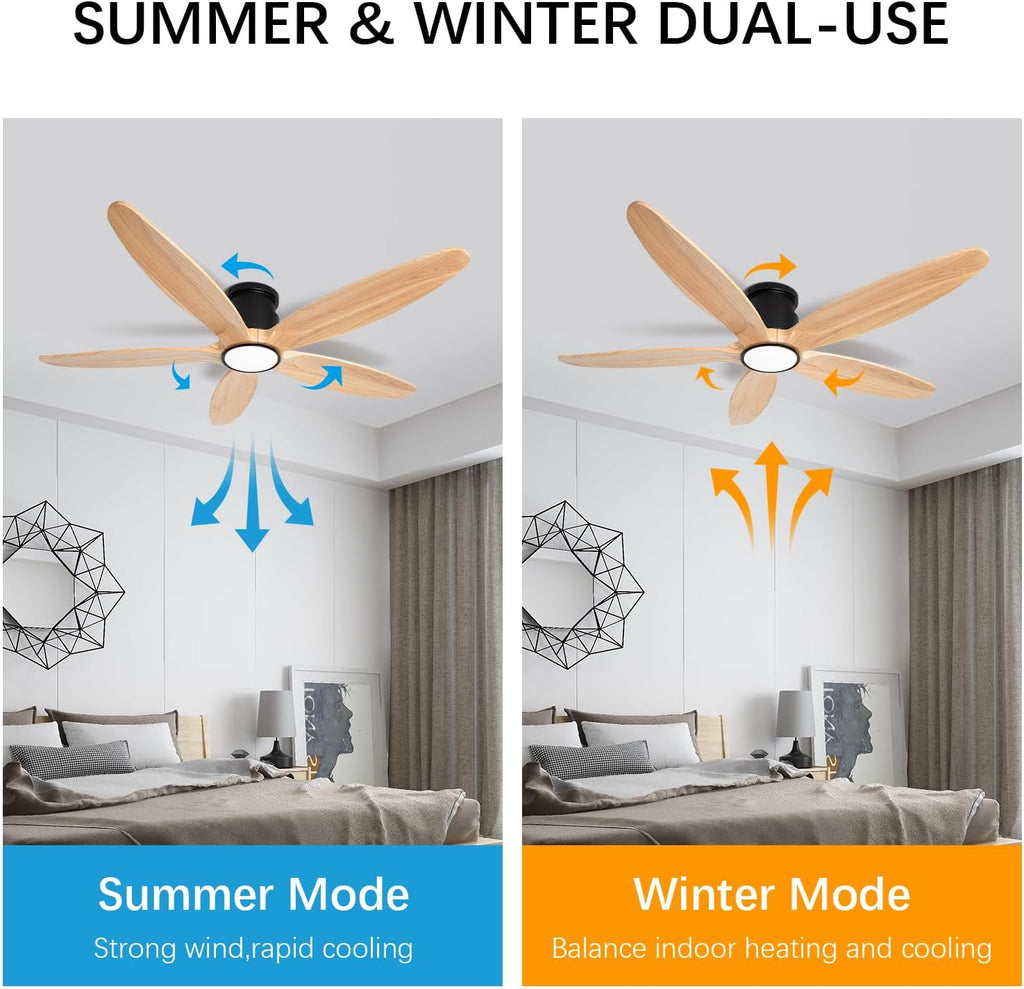 Wood Ceiling Fan with Lights, 52Inch Flush Mount Ceiling Fan with Remote Control, 5 Blades, DC Motor,3CCT,Natural Wooden Ceiling Fans for Bedroom, Living Room, Home Office,Indoor