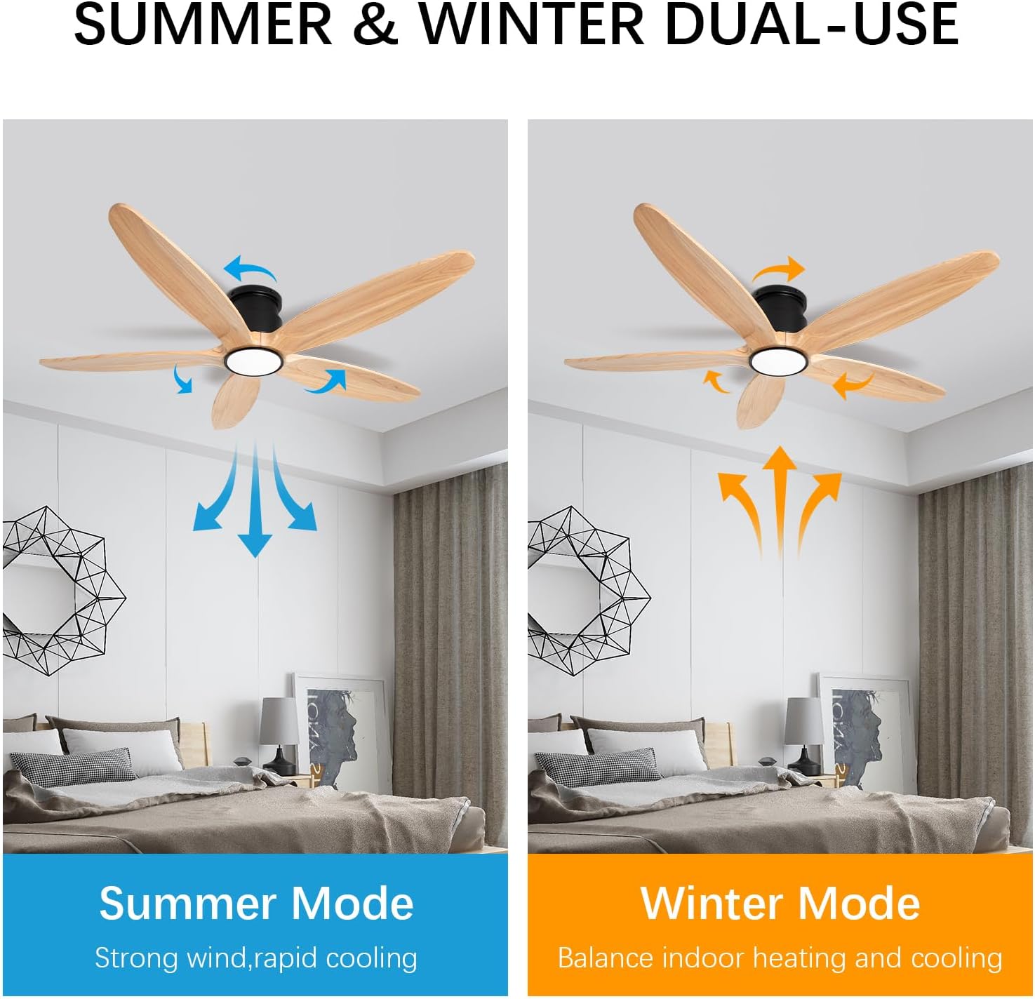 Wood Ceiling Fan with Lights, 52Inch Flush Mount Ceiling Fan with Remote Control, 5 Blades, DC Motor,3CCT,Natural Wooden Ceiling Fans for Bedroom, Living Room, Home Office,Indoor