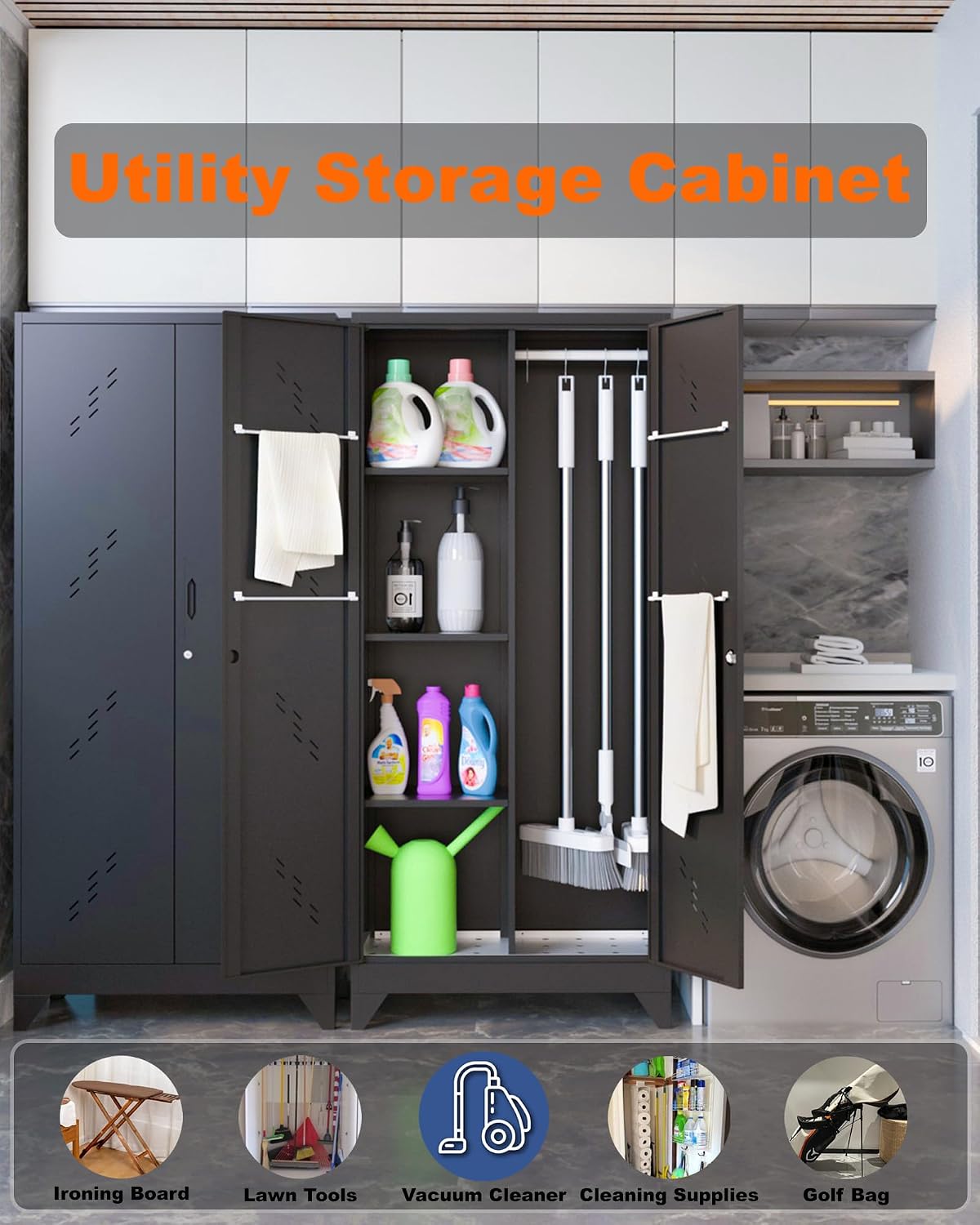 Metal Storage Cabinet with Lock, 71' Garage Storage Cabinets with Hanging Rod & S-Hooks, Large Storage Cabinet, Locking Tool Utility Closet, Black