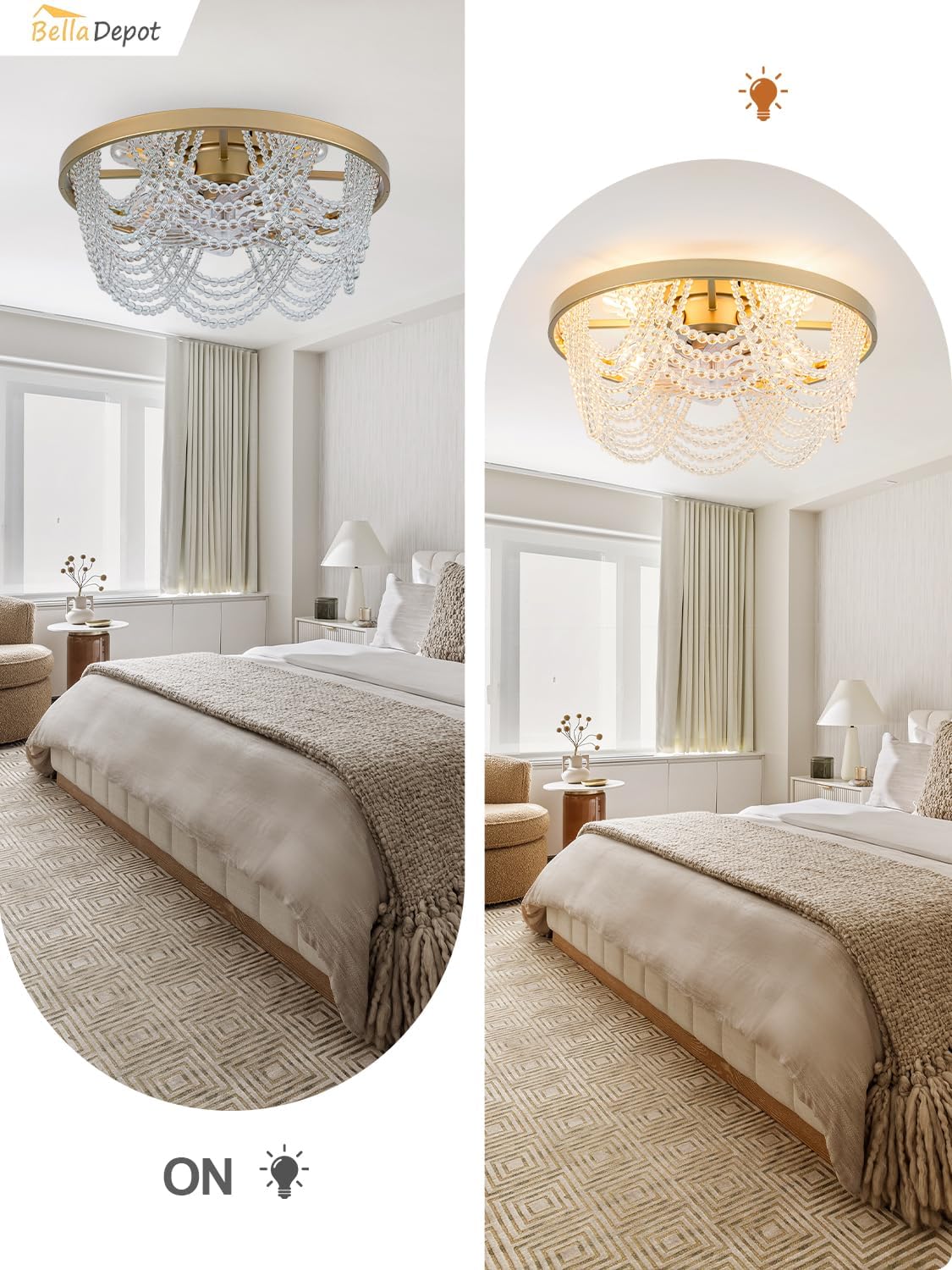 Bella Depot 20' Boho Ceiling Fan with Light, Flush Mount Beaded Fandelier Chandelier Fan, 6 Speeds Reversible Bladeless Ceiling Fan for Bedroom Living Room Kitchen (Crystal)