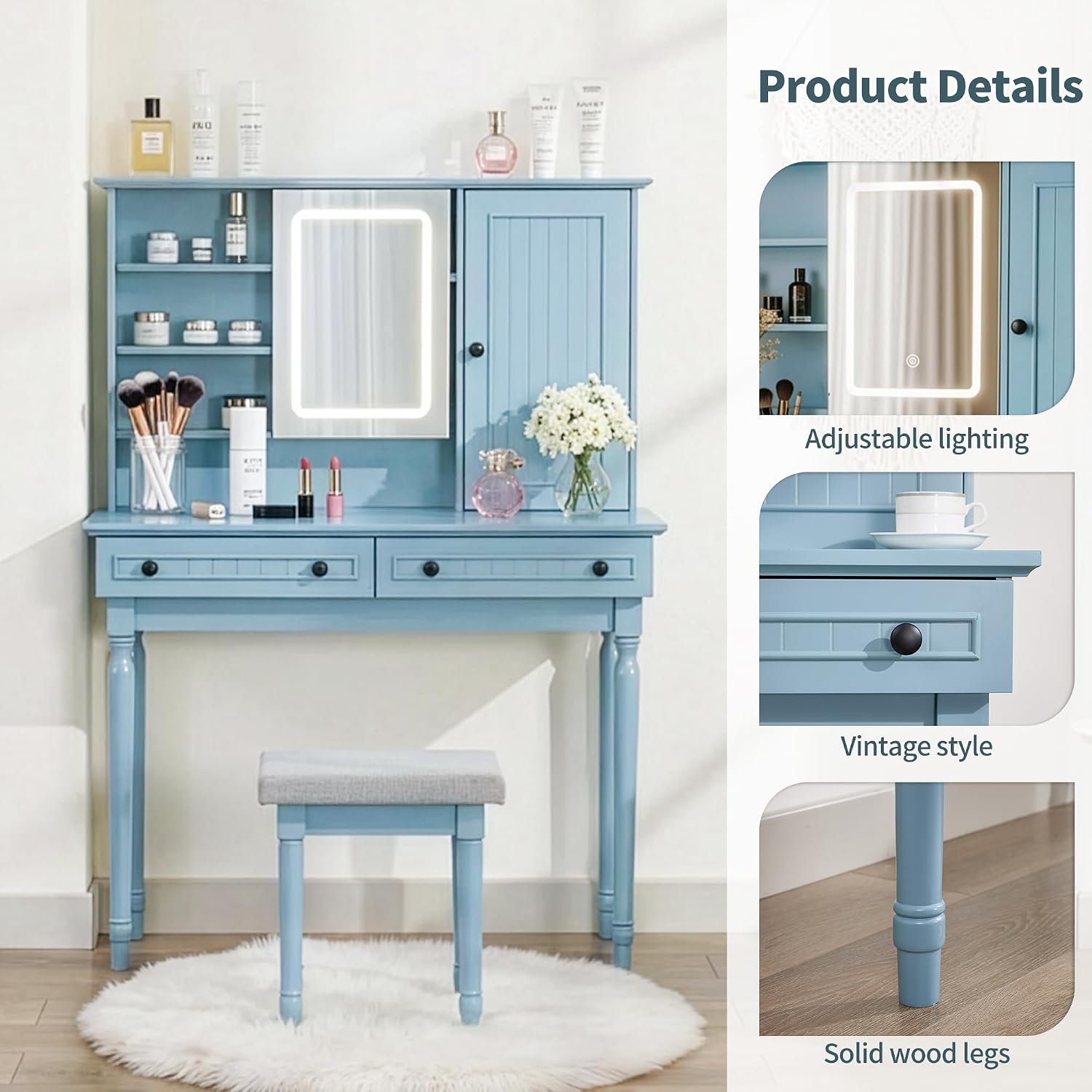 Scurrty Vintage Vanity Table Set with Stool, Color-Changing LED Mirror & Storage Organizer, Classic Wooden Dressing Makeup Desk for Bedroom (Blue)