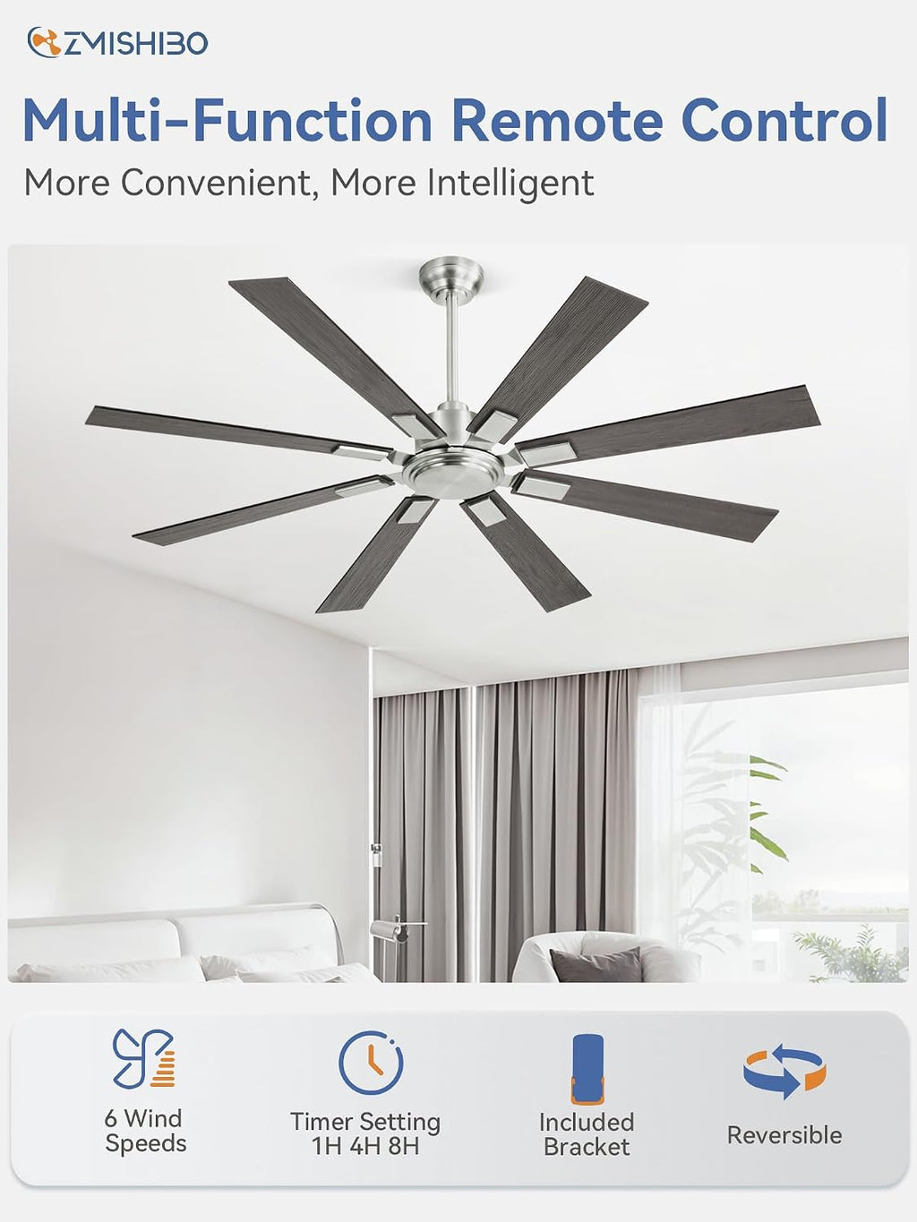 ZMISHIBO 62 Inch Ceiling Fans without Light, Brushed Nickel Modern Ceiling Fan no Lights, Quiet Reversible DC Motor, 6-Speeds, Outdoor Ceiling Fans for Patios, Living Room, Bedroom, Indoor/Outdoor Use