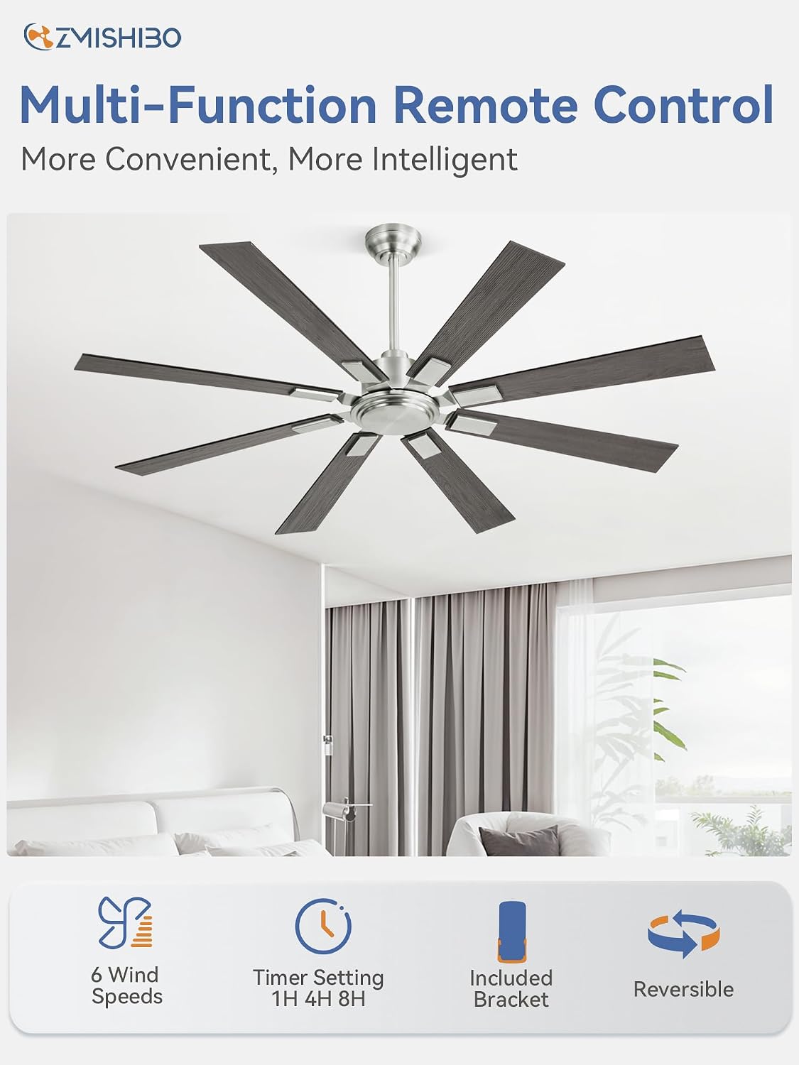 ZMISHIBO 62 Inch Ceiling Fans without Light, Brushed Nickel Modern Ceiling Fan no Lights, Quiet Reversible DC Motor, 6-Speeds, Outdoor Ceiling Fans for Patios, Living Room, Bedroom, Indoor/Outdoor Use