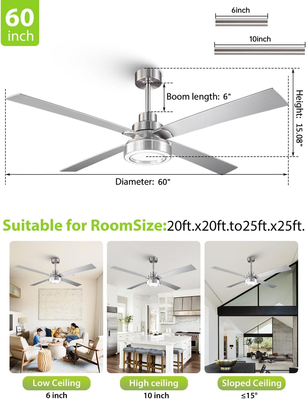 60 Inch Large Brushed Nickel Ceiling Fans with Lights and Remote/APP - Modern Sleek Indoor Outdoor Ceiling Fan for House, Living Room, Shop, Garage Silver Ceiling Fan, 3CCT Dimmable, 6 Speeds