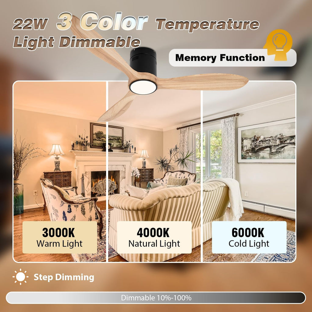 VACILL Flush Mount Ceiling Fan with Light,Low Profile Ceiling Fan,Natural Wooden Fan Blades,6 Speed,LED Dimmable,DC Motor,52 inch,Natural Wood Blade