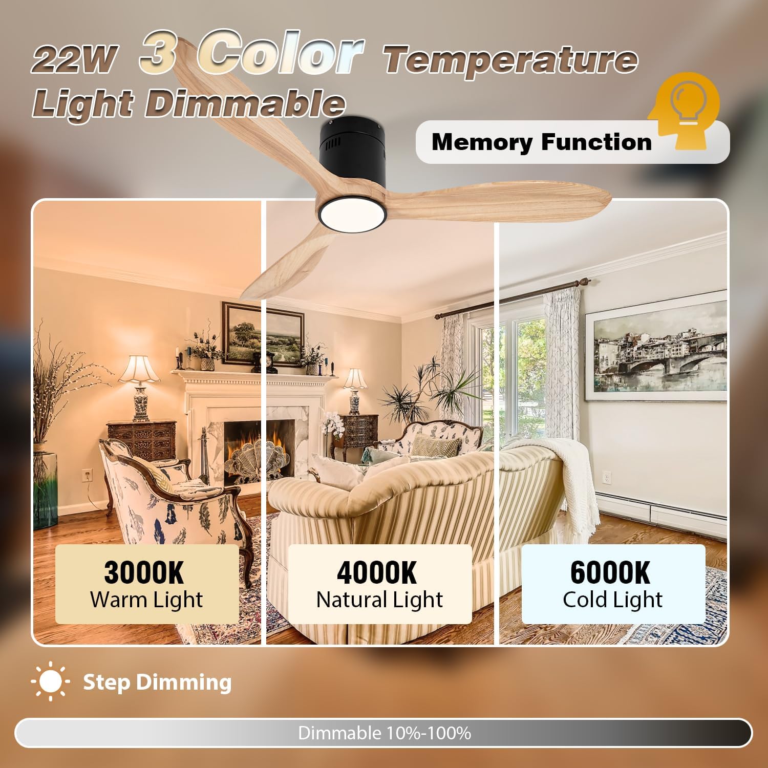 VACILL Flush Mount Ceiling Fan with Light,Low Profile Ceiling Fan,Natural Wooden Fan Blades,6 Speed,LED Dimmable,DC Motor,52 inch,Natural Wood Blade