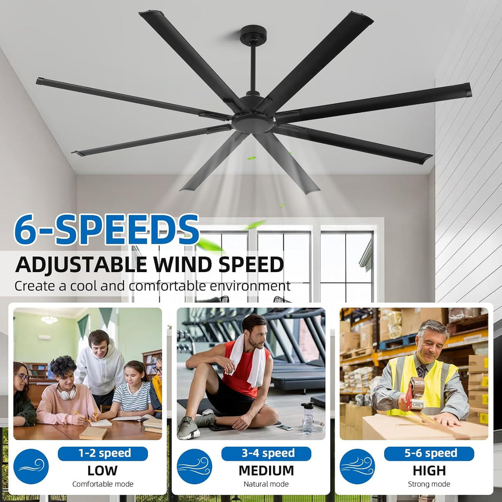 YYEHON 84 Inch Large Industrial Ceiling Fan no Lights, Reversible Dc Motor, 3 Downrods, 6 Speed Remote Control, 8 Aluminum Blades, Black Outdoor Fans for Shop/Gym/Warehouse/Garage