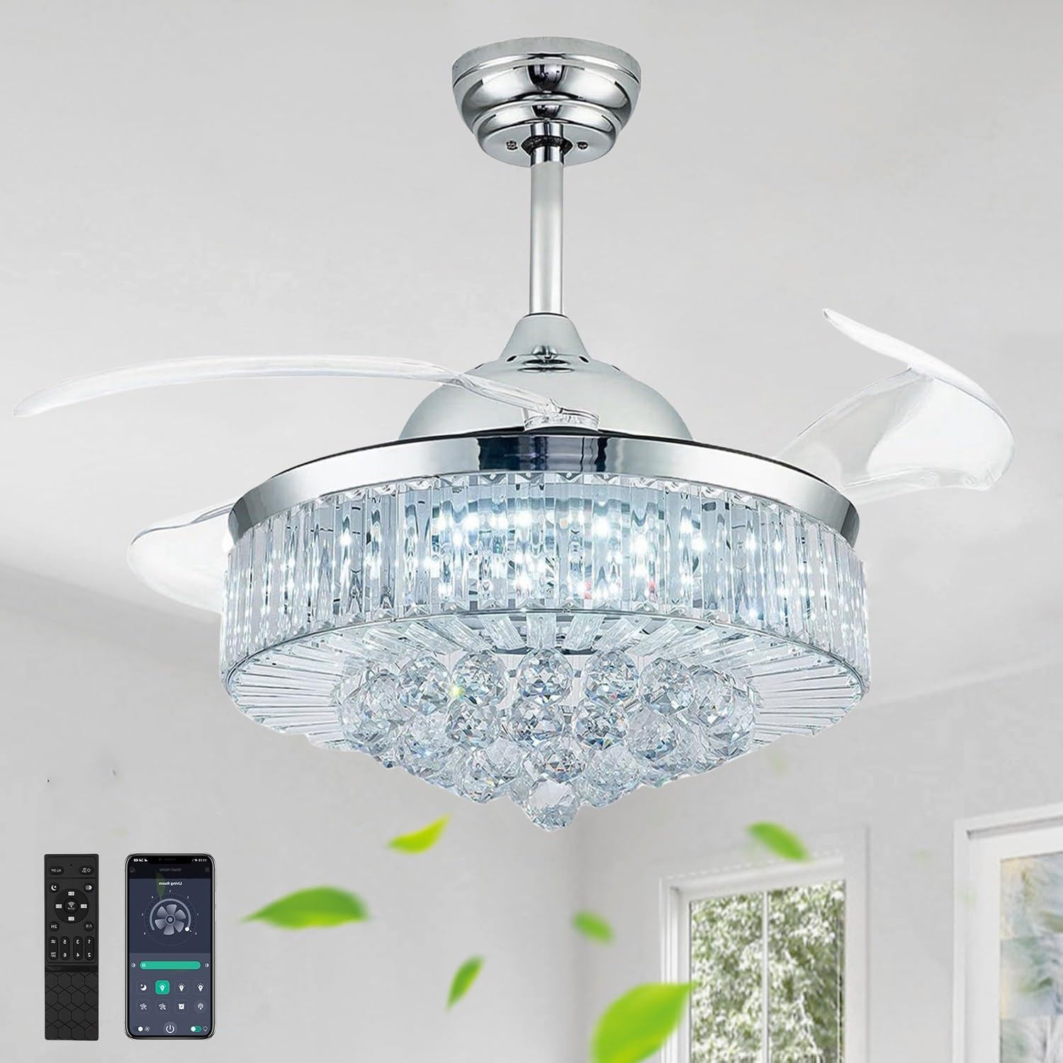 42'' Fandelier Ceiling Fans with Light, Chandelier Ceiling Fan, Retractable Ceiling Fan for Bedroom, Living Room, 3 Color Change, LED Dimmable, 6 Speeds, Reversible DC Motor- Chrome