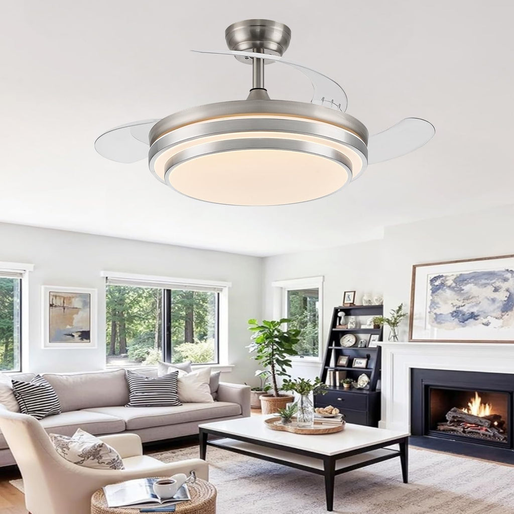FIDGRA 48 Inch Fandelier Ceiling Fan with Light, Retractable Ceiling Fan with Lights for Bedroom Living Room Dinning Room, Chandelier with Fan 6 Speed, 3 Color Temperature-Brushed Nickel