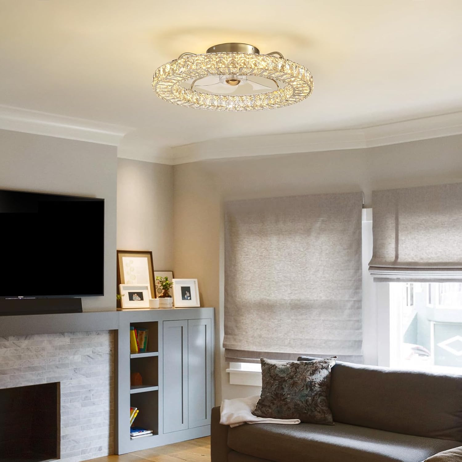 22' Low Profile Flush Mount Ceiling Fan, Ceiling Fan with Light and Remote, Dimmable Fandelier with Crystal Lampshade, Bladeless Enclosed Fan Light-Gold