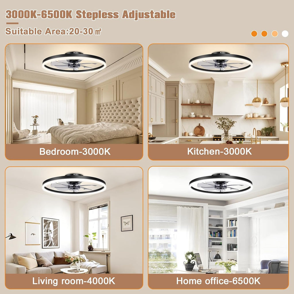 VOLISUN Low Profile Ceiling Fans with Light and Remote,No Assembly,23.6in Fandelier Ceiling Fan with Lights, 3000K-6500K Dimmable Flush Mount LED Fan Light, Black Bladeless Ceiling Fans for Bedroom