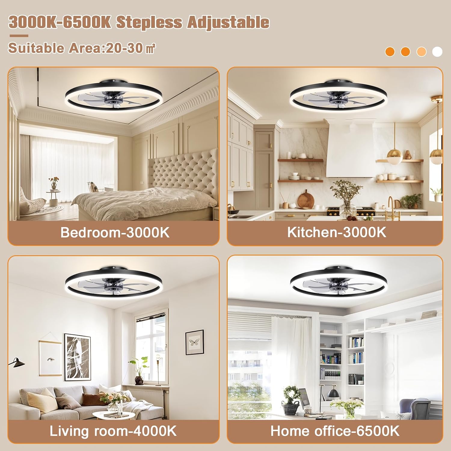 VOLISUN Low Profile Ceiling Fans with Light and Remote,No Assembly,23.6in Fandelier Ceiling Fan with Lights, 3000K-6500K Dimmable Flush Mount LED Fan Light, Black Bladeless Ceiling Fans for Bedroom