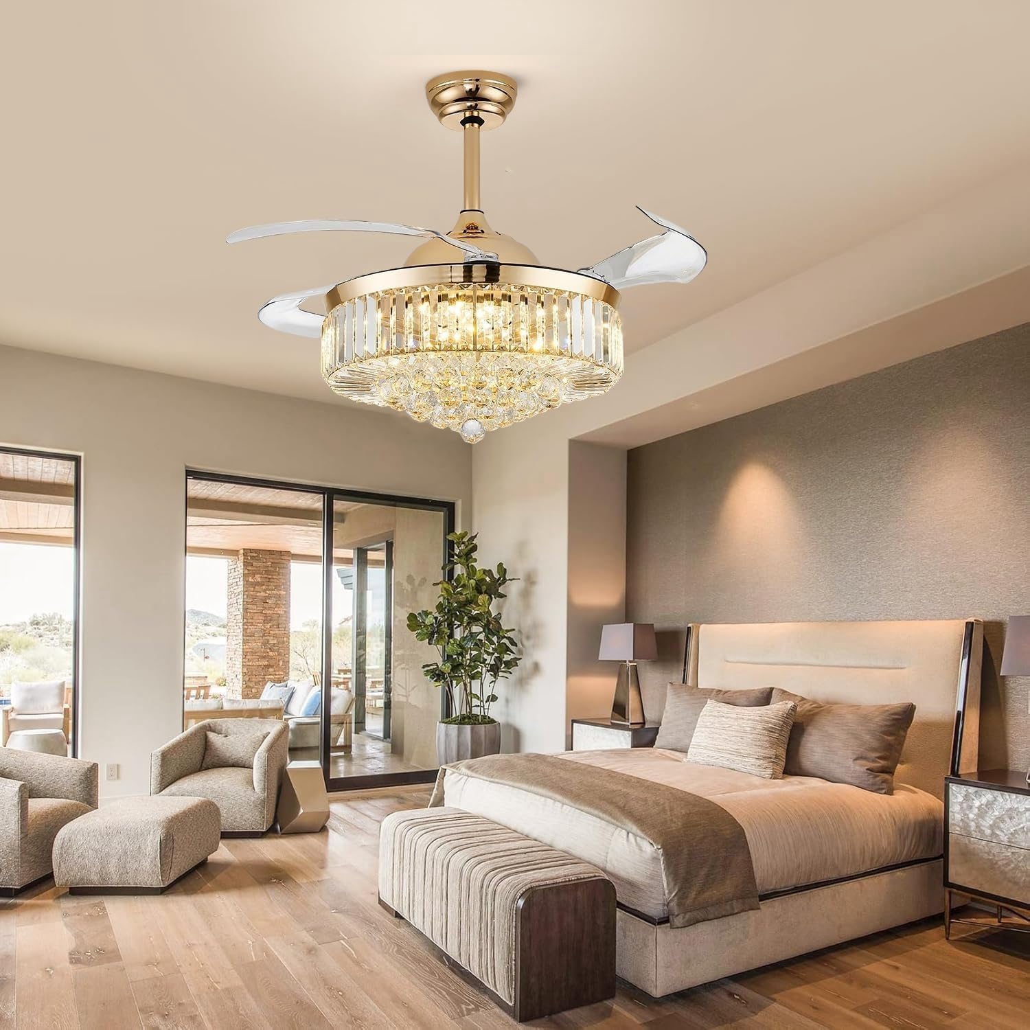 42'' Fandelier Ceiling Fans with Light, Chandelier Ceiling Fan, Retractable Crystal Ceiling Fan for Bedroom, Living Room, 3 Color Change, LED Dimmable, 6 Speeds, Reversible DC Motor-Gold