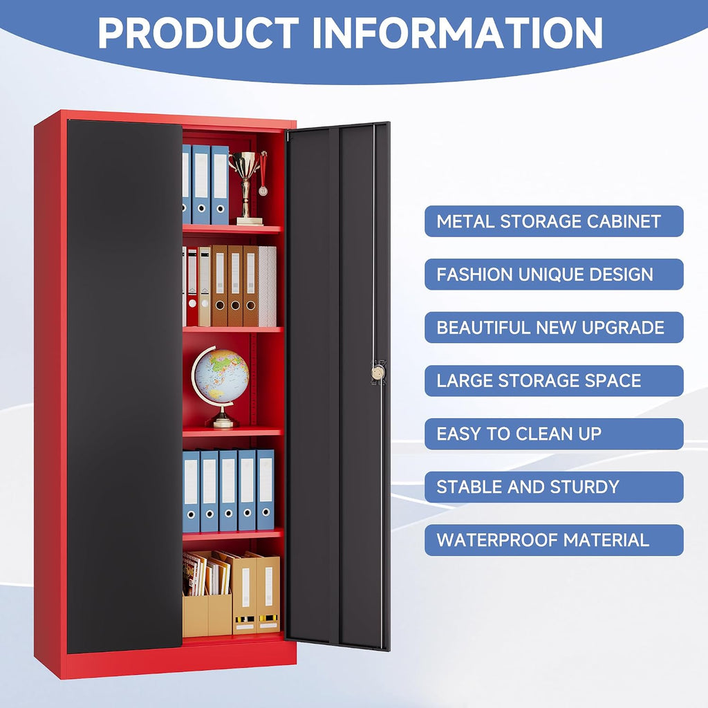 72 Inch Metal Cabinet,Lockable Storage Cabinet with 2 Doors and 4 Adjustbale Shelves,Tall Tool Cabinet Cabinet for Garage,Basement,Home Office,Gym(Red & Black)
