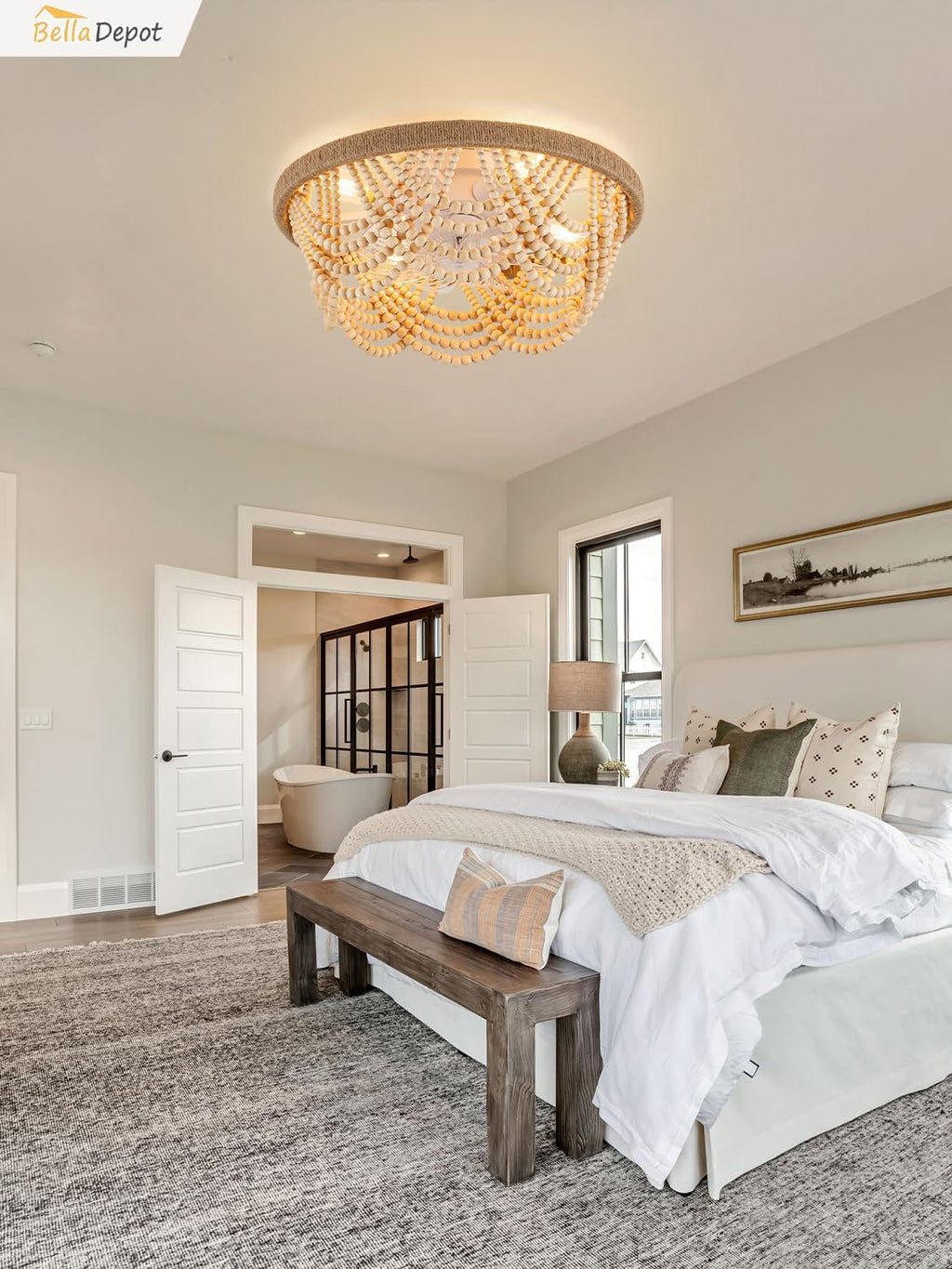 Bella Depot 20' Boho Ceiling Fan with Light, Flush Mount Wood Beaded Fandelier Chandelier Fan, 6 Speeds Reversible Bladeless Ceiling Fan for Bedroom Living Room Kitchen (Wood)