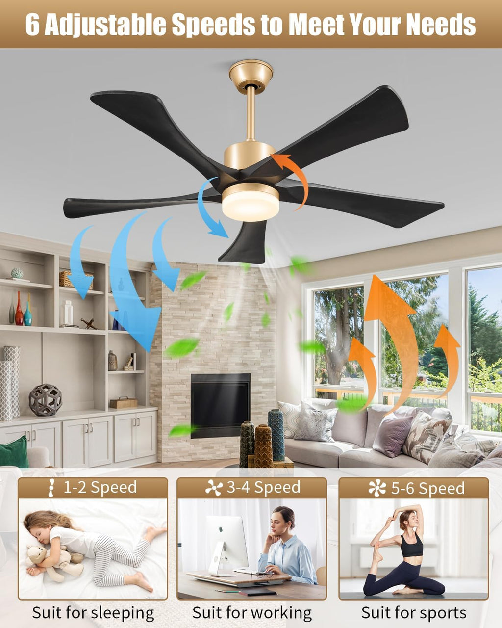 52' Black and Gold Ceiling Fan with Lights and Remote, Indoor/Outdoor Ceiling Fan for Patios, USA Original Patent, ETL Listed, 3 Downrod, 5 Blades, 6 Speeds Reversible DC Motor Fan, 52', Gold Black