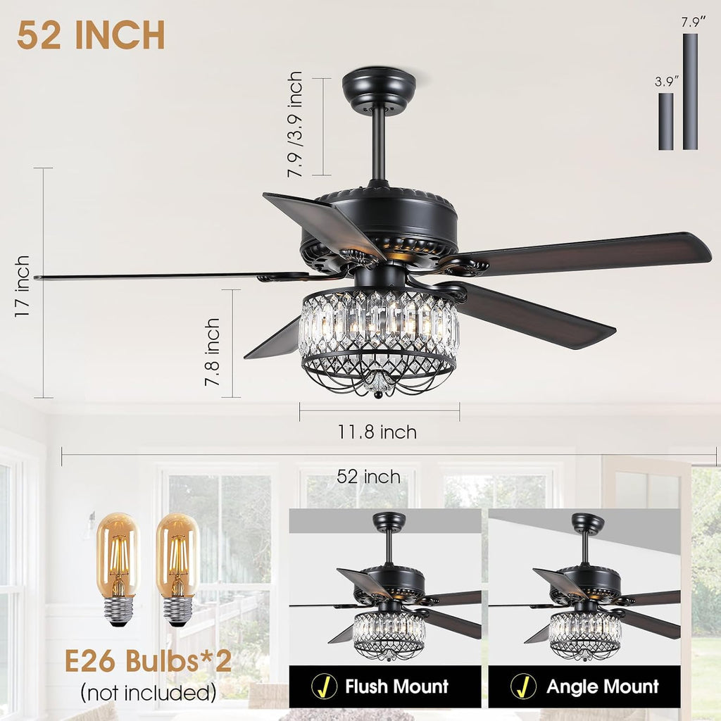 Kviflon Farmhouse Crystal Ceiling Fans with Lights and Remote, 52 Inch Chandelier Ceiling Fans, Black Fandelier Ceiling Fan for Bedroom Living Room, Quiet DC Motor, Reversible, Bulb not Included